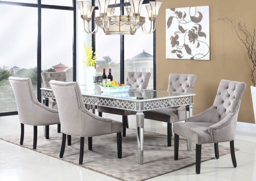 Mirrored Dining Room Table With Black Chairs