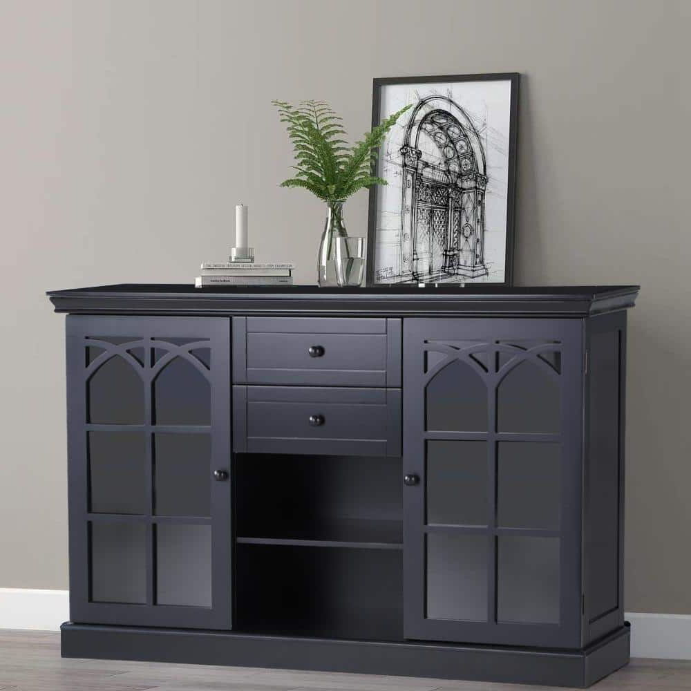 47 In. Classic Black Mdf With Premium Painted Modern Buffet Sideboard With  2 Drawers And Tempered Glass Door Thd If 522 – The Home Depot Intended For Sideboards With Power Outlet (Gallery 20 of 20)