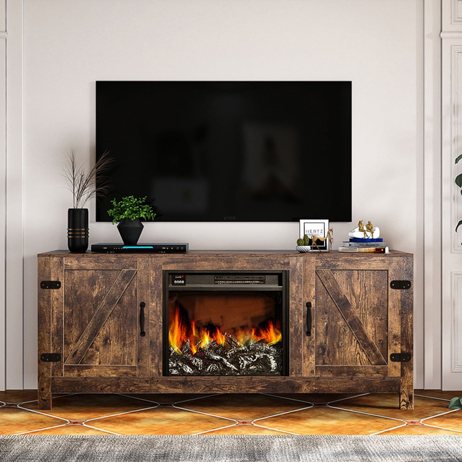 Electric Fireplace Tv Stand For Tvs Up To 65 Inch, Farmhouse Tv Console  Table With Barn Doors Entertainment Center With 2 Open Shelves And 2  Cabinets Wooden Tv Stand For Living Room Regarding Tv Stands With 2 Doors And 2 Open Shelves (View 16 of 20)