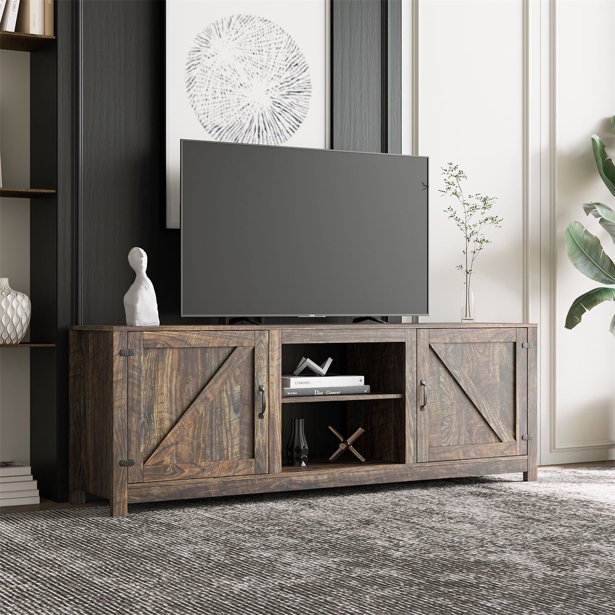 Farmhouse Tv Stand, Modern Tv Stand With 2 Open Shelves And 2 Doors, Wood Entertainment  Center Rustic Tv Stand Media Console Stand For Living Room Bedroom, Walnut  – Walmart Throughout Tv Stands With 2 Doors And 2 Open Shelves (View 6 of 20)