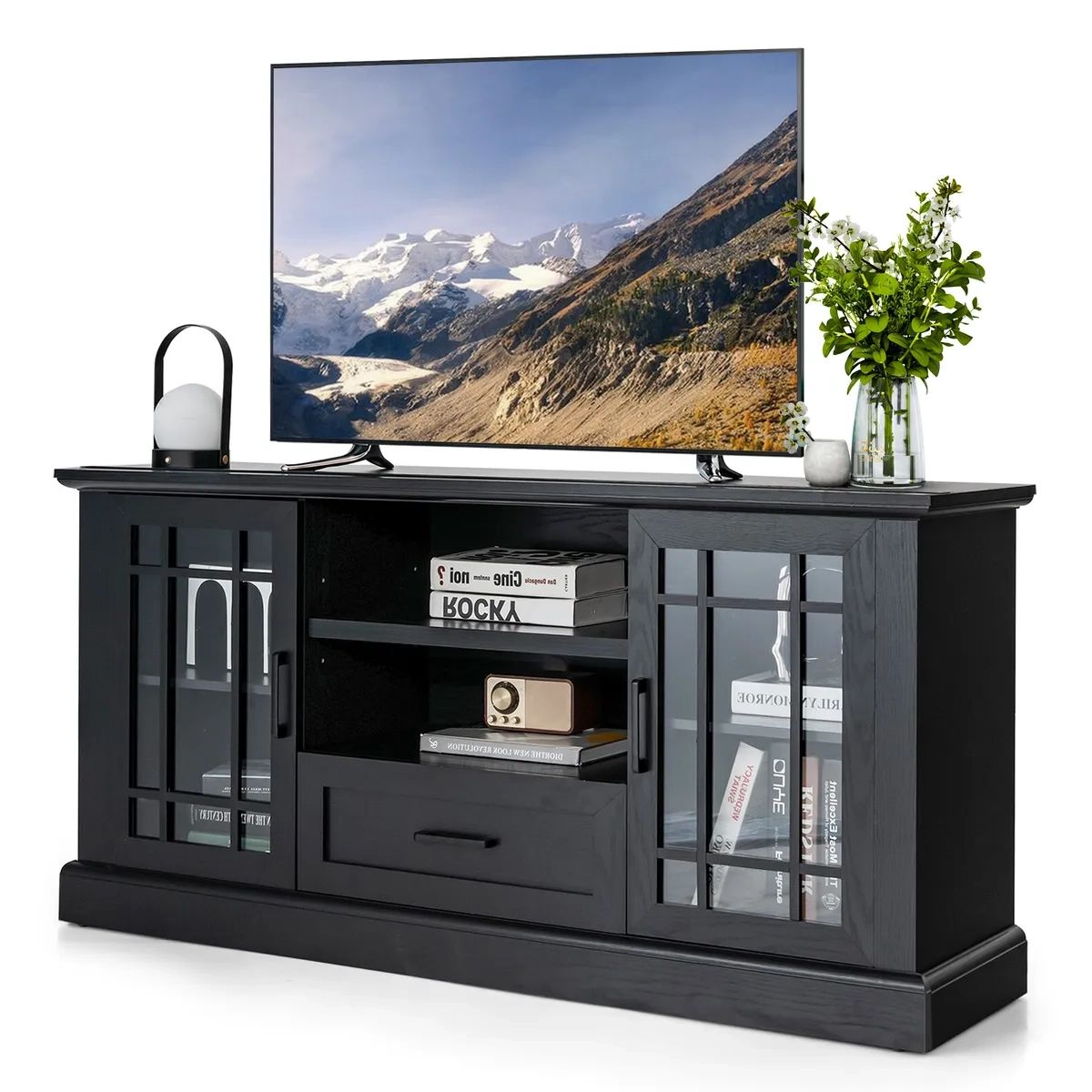 Multi Function Tv Stand W/ 2 Side Cabinets & Large Drawer & 2 Open Shelves  Black | Ebay Pertaining To Tv Stands With 2 Doors And 2 Open Shelves (View 12 of 20)