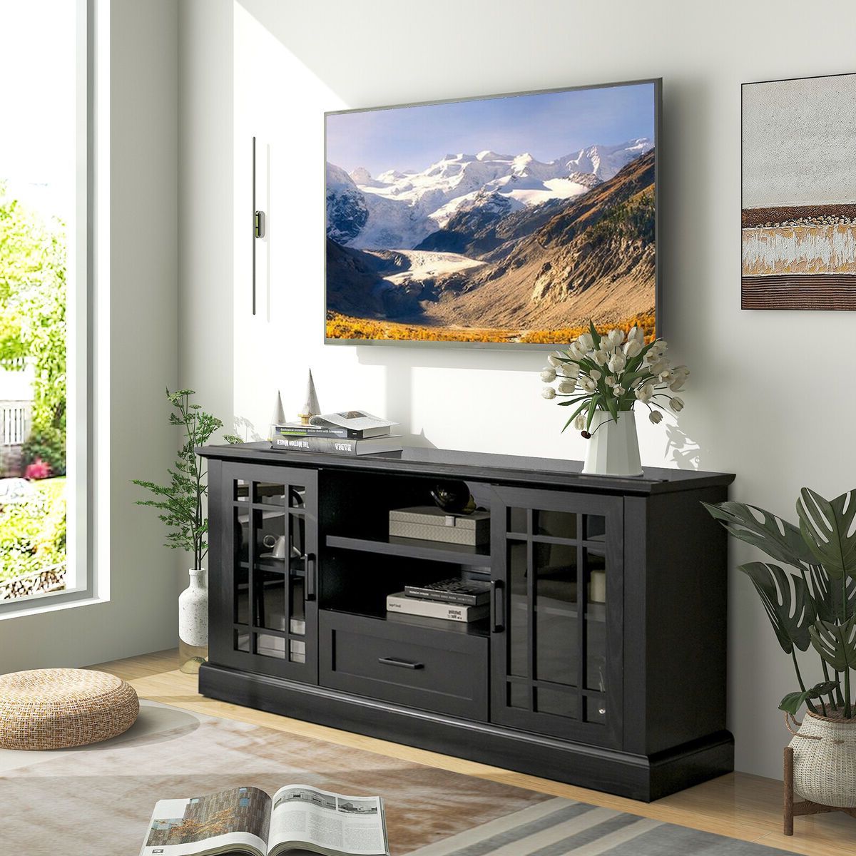 Multi Function Tv Stand W/ 2 Side Cabinets & Large Drawer & 2 Open Shelves  Black | Ebay Within Tv Stands With 2 Doors And 2 Open Shelves (View 7 of 20)