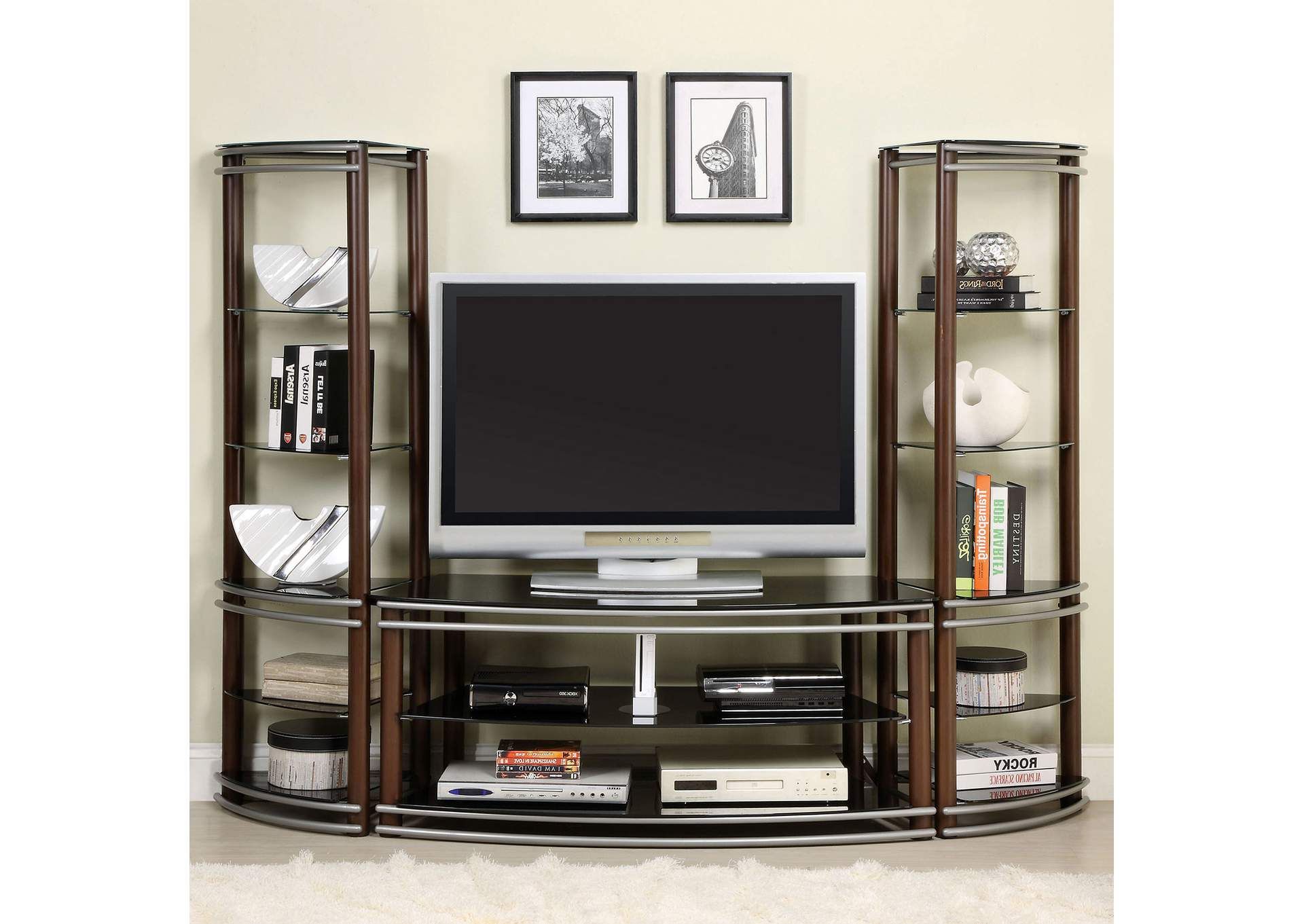 Silver Creek Brown & Silver Tv Console W/2 Pier Shelves Downtown Furniture  Co (View 13 of 20)