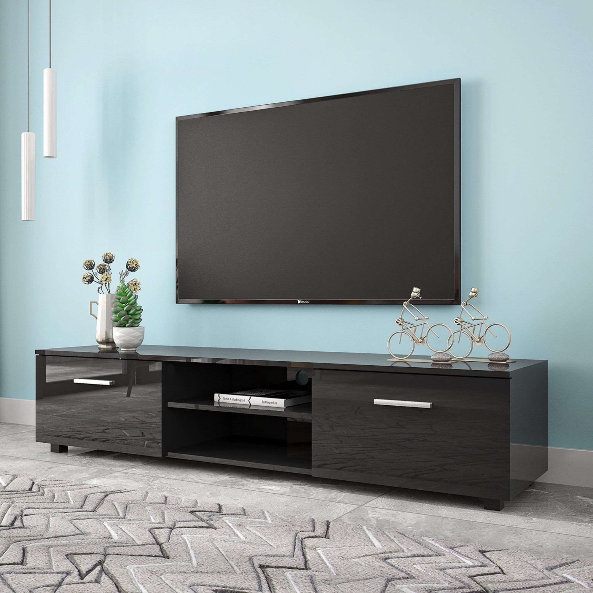 Tv Stand For Tvs Up To 70 Inch, Modern Style Tv Cabinet With Double Doors  And 2 Tier Open Shelves, Wood Entertainment Center Tv Stand, Media Center  Table For Living Room, Bedroom, Black, In Tv Stands With 2 Doors And 2 Open Shelves (View 11 of 20)