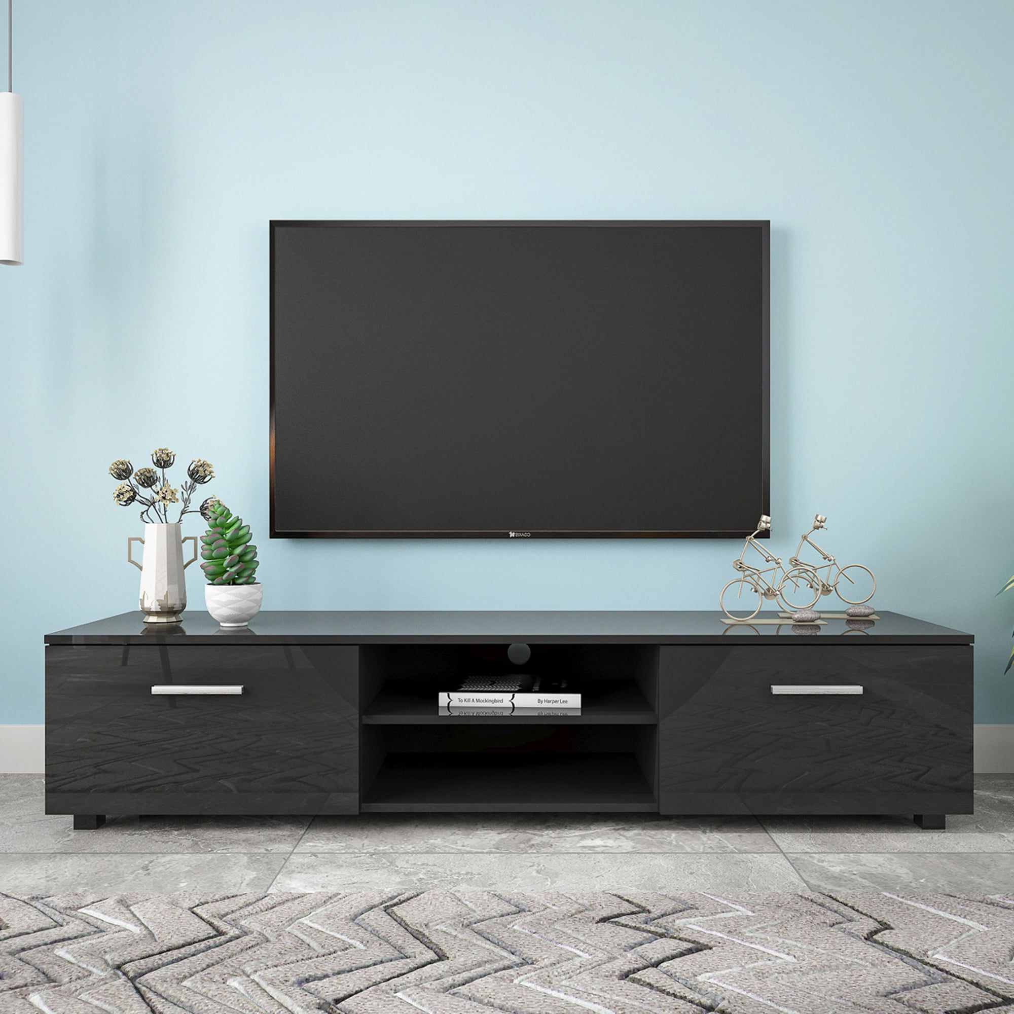 Tv Stand For Tvs Up To 70 Inch, Syngar Modern Tv Cabinet With Double Doors  And 2 Tier Open Shelves, Wood Entertainment Center Tv Stand, Media Center  Table For Living Room, Bedroom, Black, In Tv Stands With 2 Doors And 2 Open Shelves (View 4 of 20)