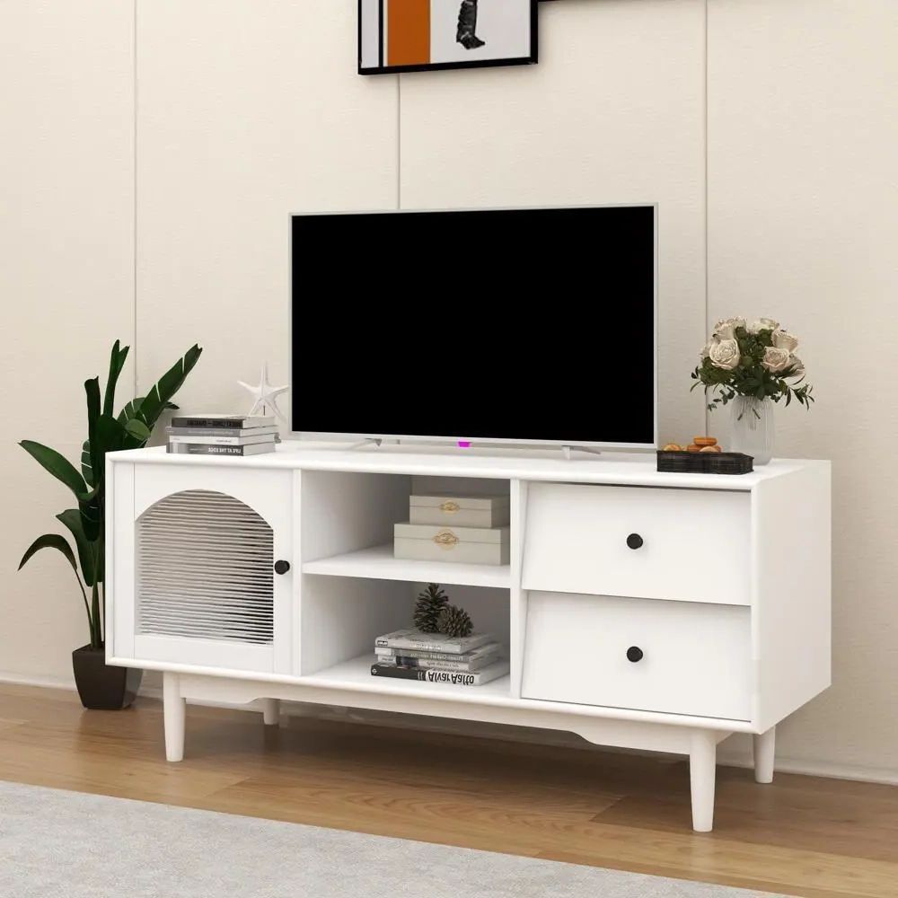 White Tv Stand With Drawers And Open Shelves Cabinet With Glass Doors | Ebay With Tv Stands With 2 Doors And 2 Open Shelves (View 8 of 20)