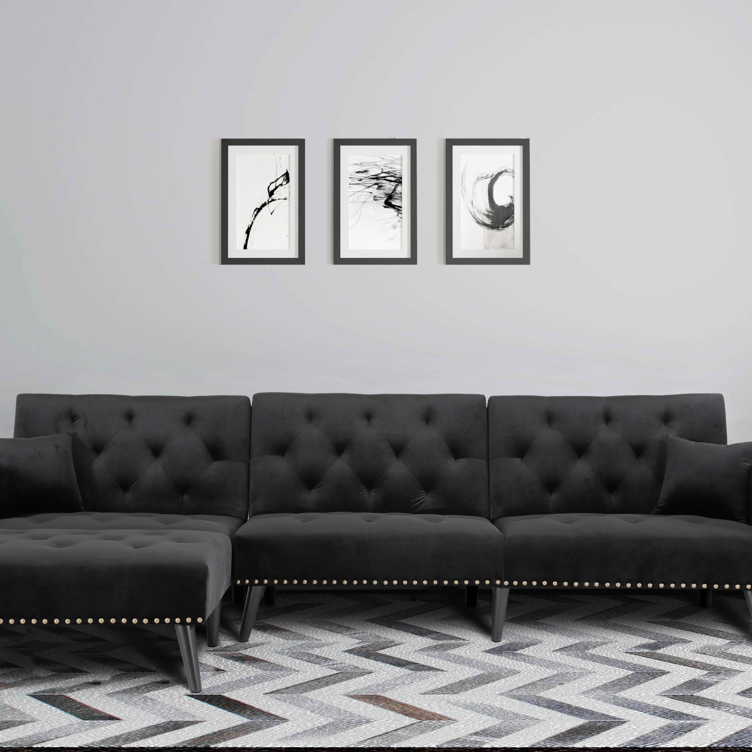 115'' Convertible Sectional Sofa,velvet Corner Sofa Bed Couch Sleeper,l Pertaining To 3 Seat L Shaped Sofas In Black (Gallery 10 of 20)
