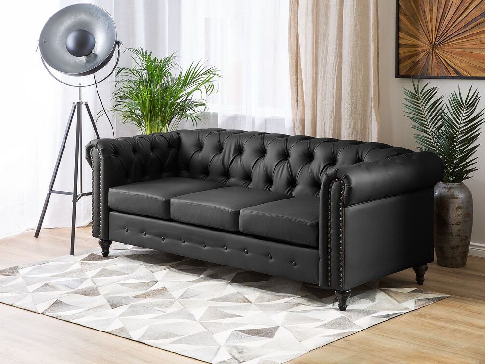 3 Seater Faux Leather Sofa Black Chesterfield | Beliani.dk With Traditional 3 Seater Faux Leather Sofas (Gallery 12 of 20)