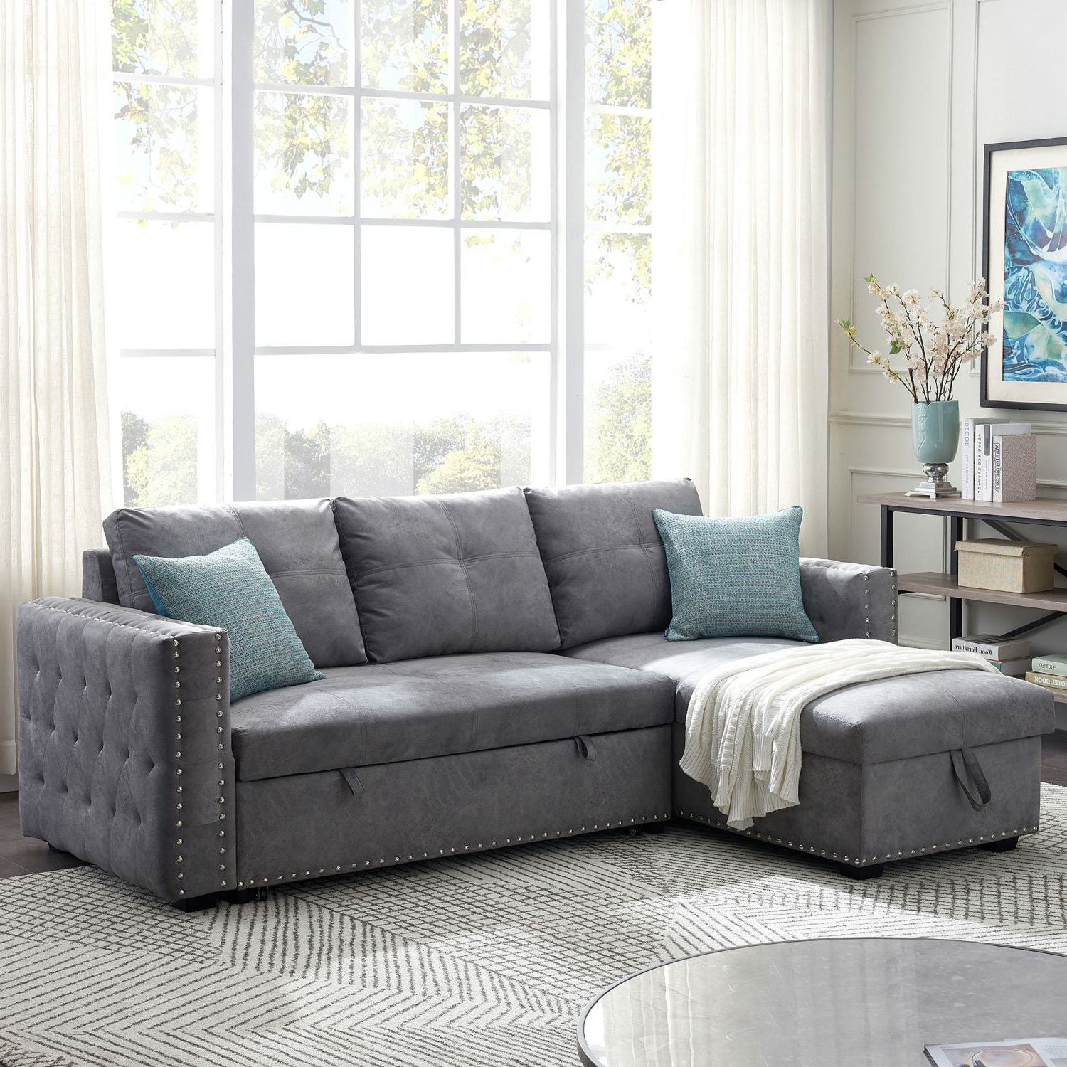 91" Reversible Sleeper Sectional Sofa,corner Sofa Bed With Storage And In 3 Seat Convertible Sectional Sofas (View 14 of 20)