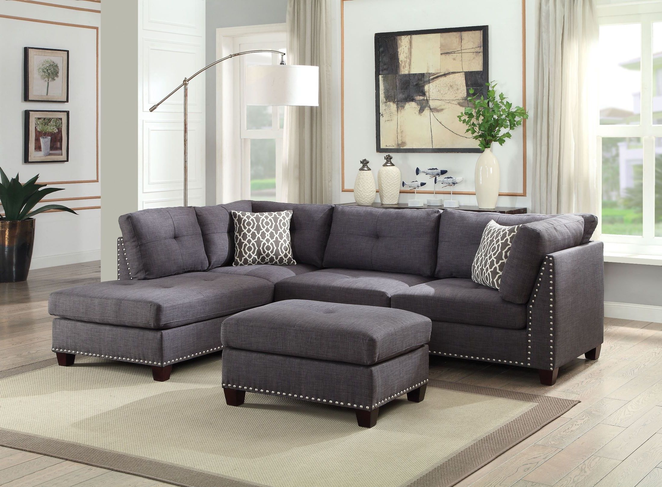 Acme Laurissa Light Charcoal Linen Sectional Sofa With Ottoman In Light Charcoal Linen Sofas (Gallery 1 of 20)