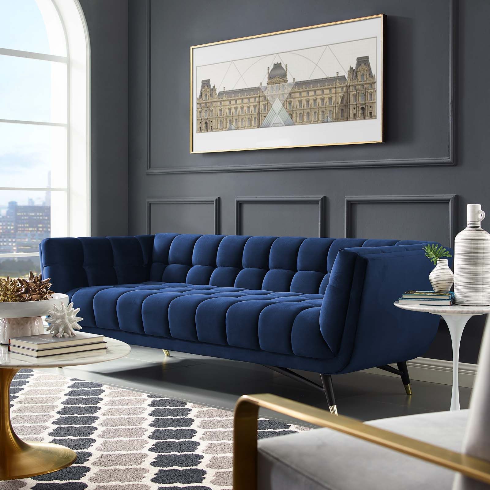 Adept Upholstered Velvet Sofa Midnight Blue | Polyestermodway Pertaining To Sofas In Blue (Gallery 8 of 20)