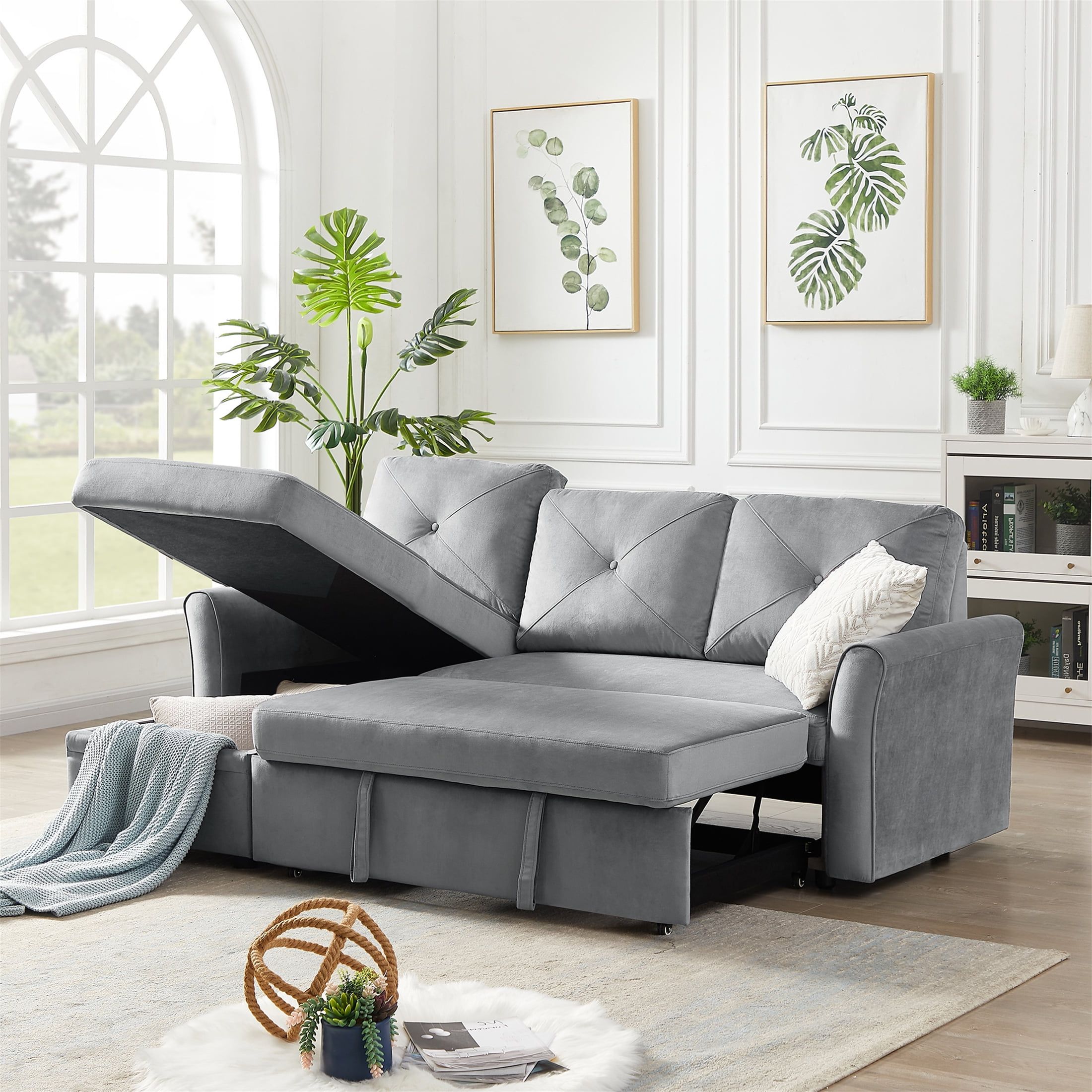 Aukfa Modern Velvet Sectional Sleeper Sofa  Pull Out Bed  Reversible In Modern Velvet Sofa Recliners With Storage (Gallery 2 of 20)