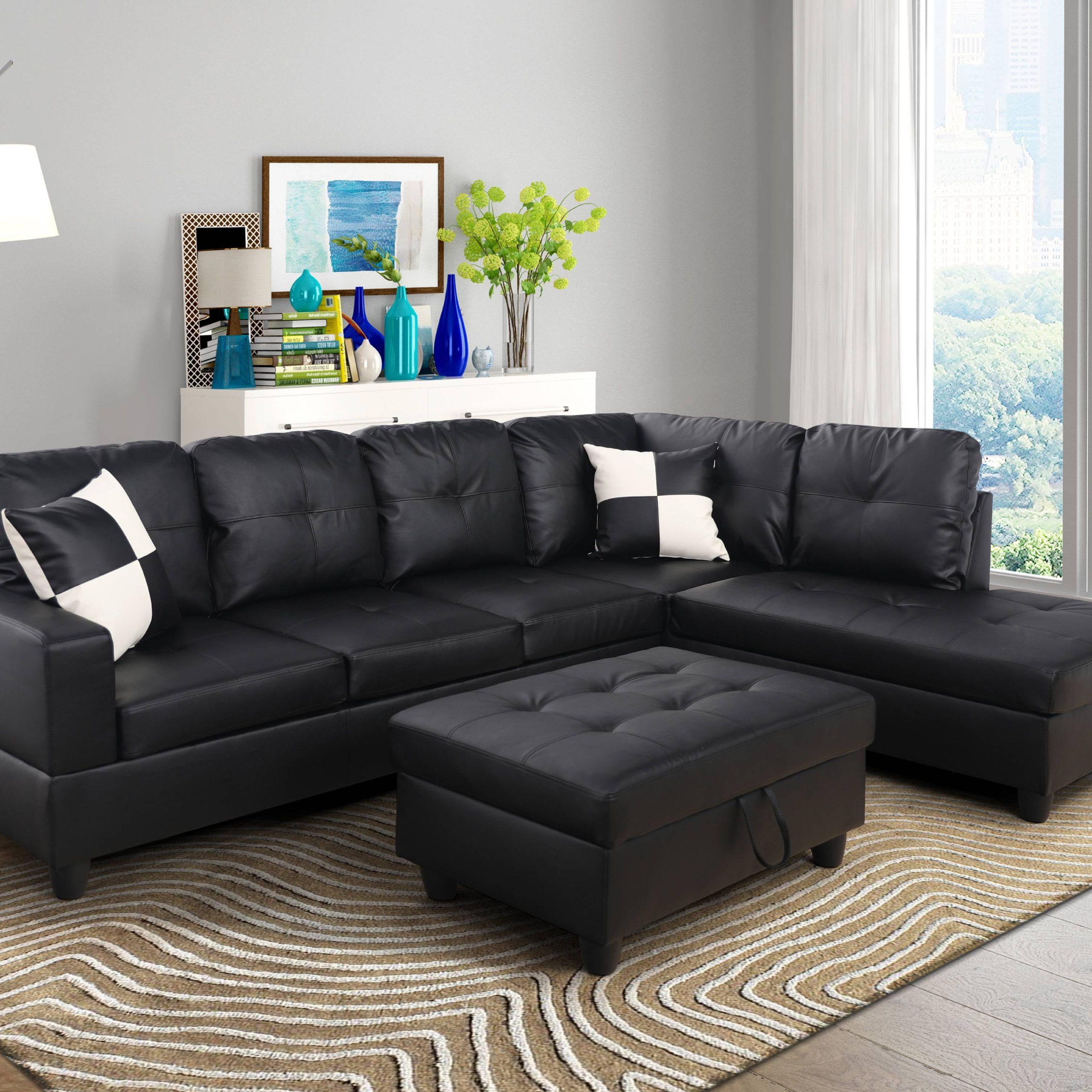 Aycp Furniture L Shape Sectional Sofa With Ottoman, Left Chaise, Black Intended For Sofas With Ottomans (Gallery 14 of 20)