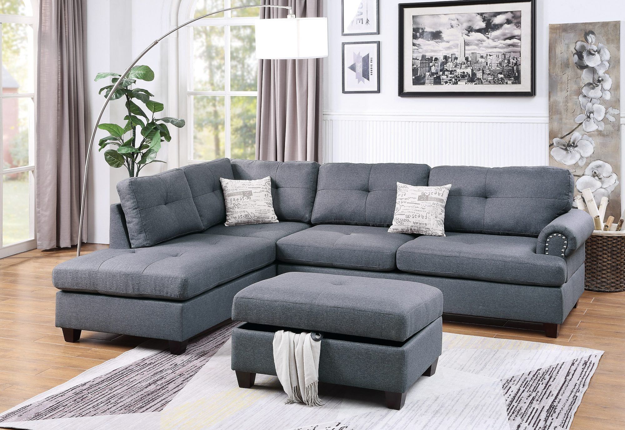 Blue Grey Reversible L/r Sectional Sofa Set Polyfiber Cushion Chaise For Sofas In Bluish Grey (Gallery 1 of 20)