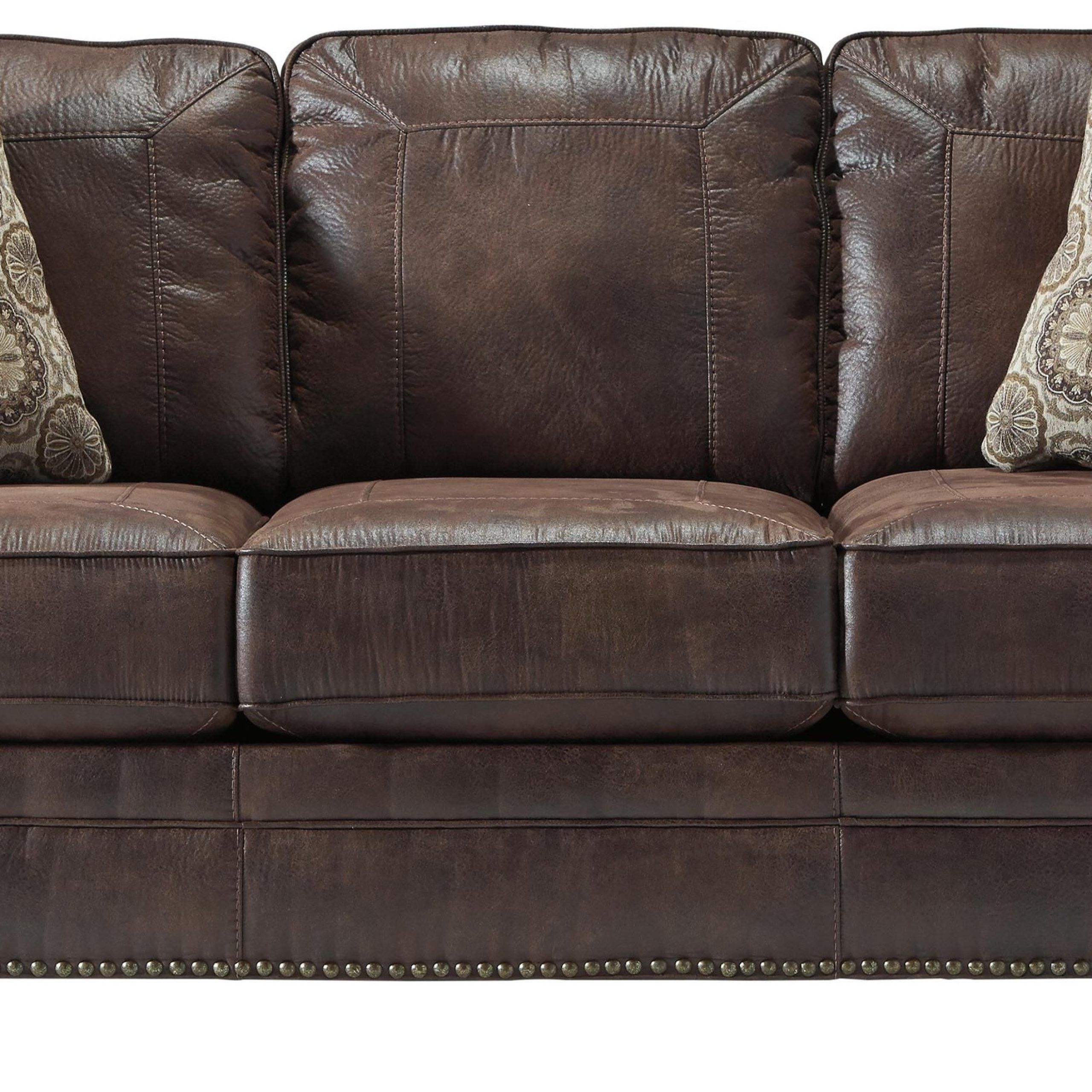 Breville Faux Leather Sofa With Rolled Arms And Nailhead Trimashley In Faux Leather Sofas In Chocolate Brown (View 18 of 20)