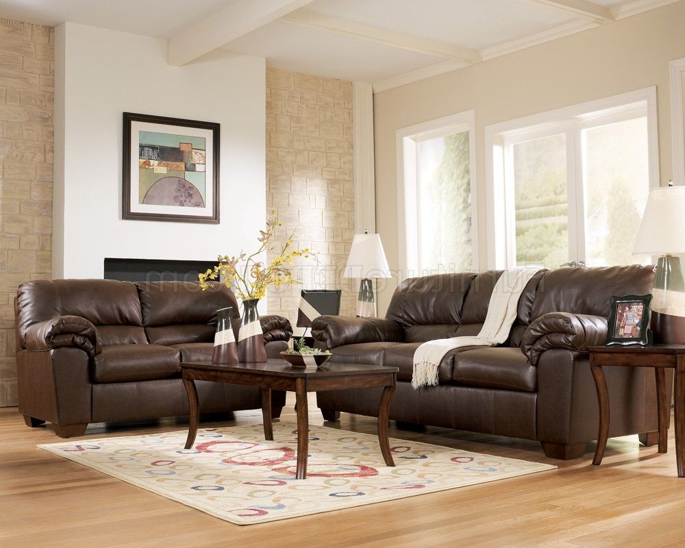 Brown Faux Leather Contemporary Living Roomashley 64501 Regarding Faux Leather Sofas In Dark Brown (View 6 of 20)