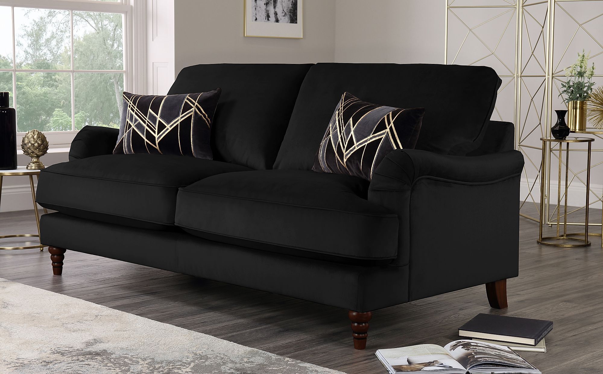 Charleston Black Velvet 3 Seater Sofa | Furniture Choice Intended For Traditional Black Fabric Sofas (View 5 of 20)