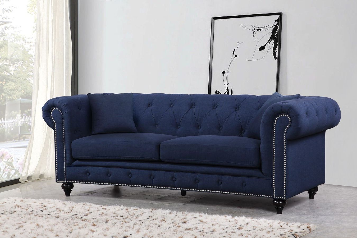 Chesterfield Sofa (navy)meridian Furniture | Furniturepick With Navy Linen Coil Sofas (View 7 of 20)