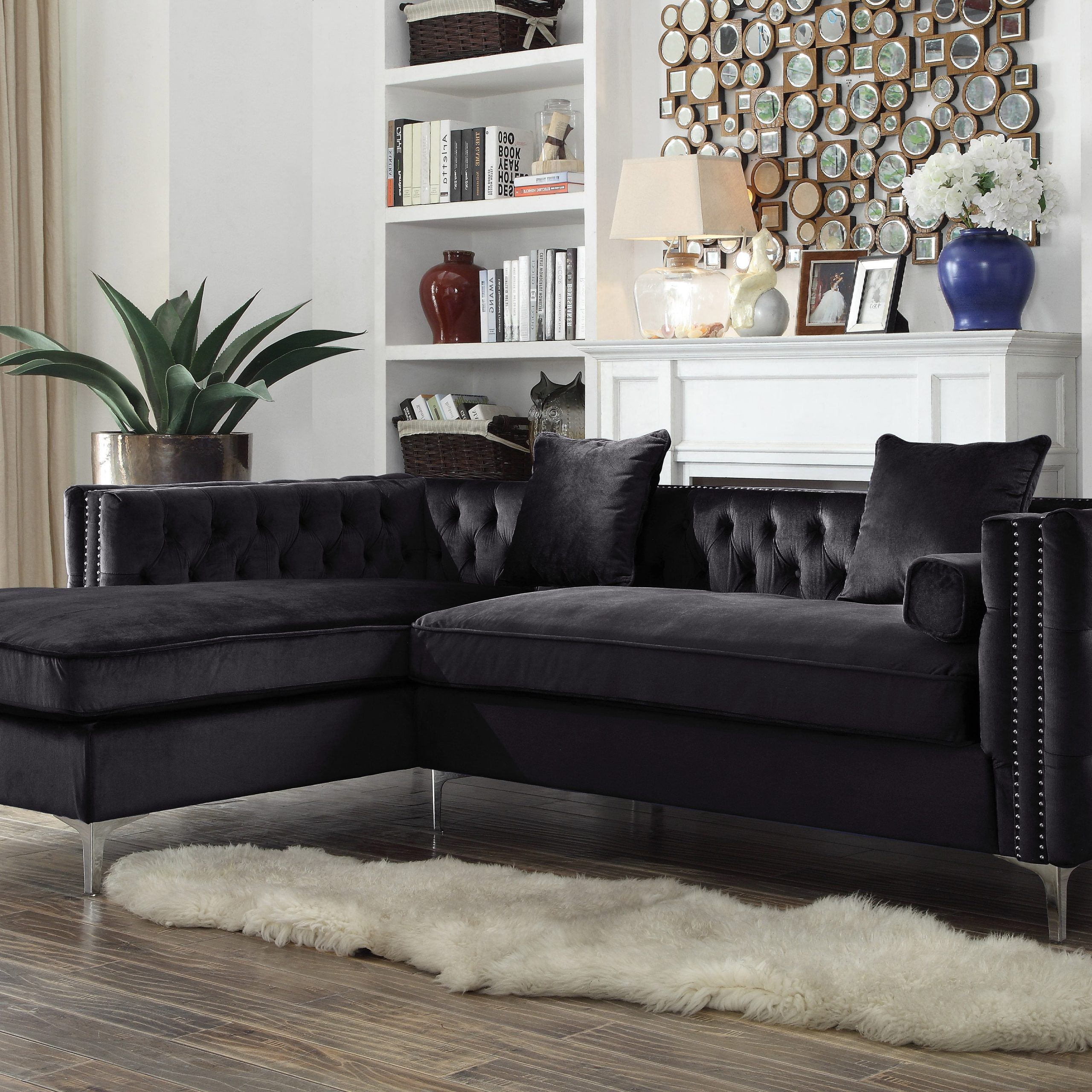 Chic Home Monet Velvet Modern Contemporary Button Tufted With Silver Inside Right Facing Black Sofas (View 15 of 20)