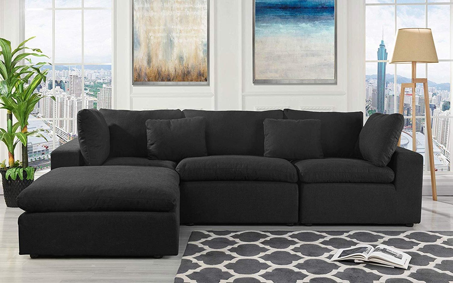 Classic Large Black Fabric Sectional Sofa, L Shape Couch With Wide Intended For Traditional Black Fabric Sofas (View 4 of 20)
