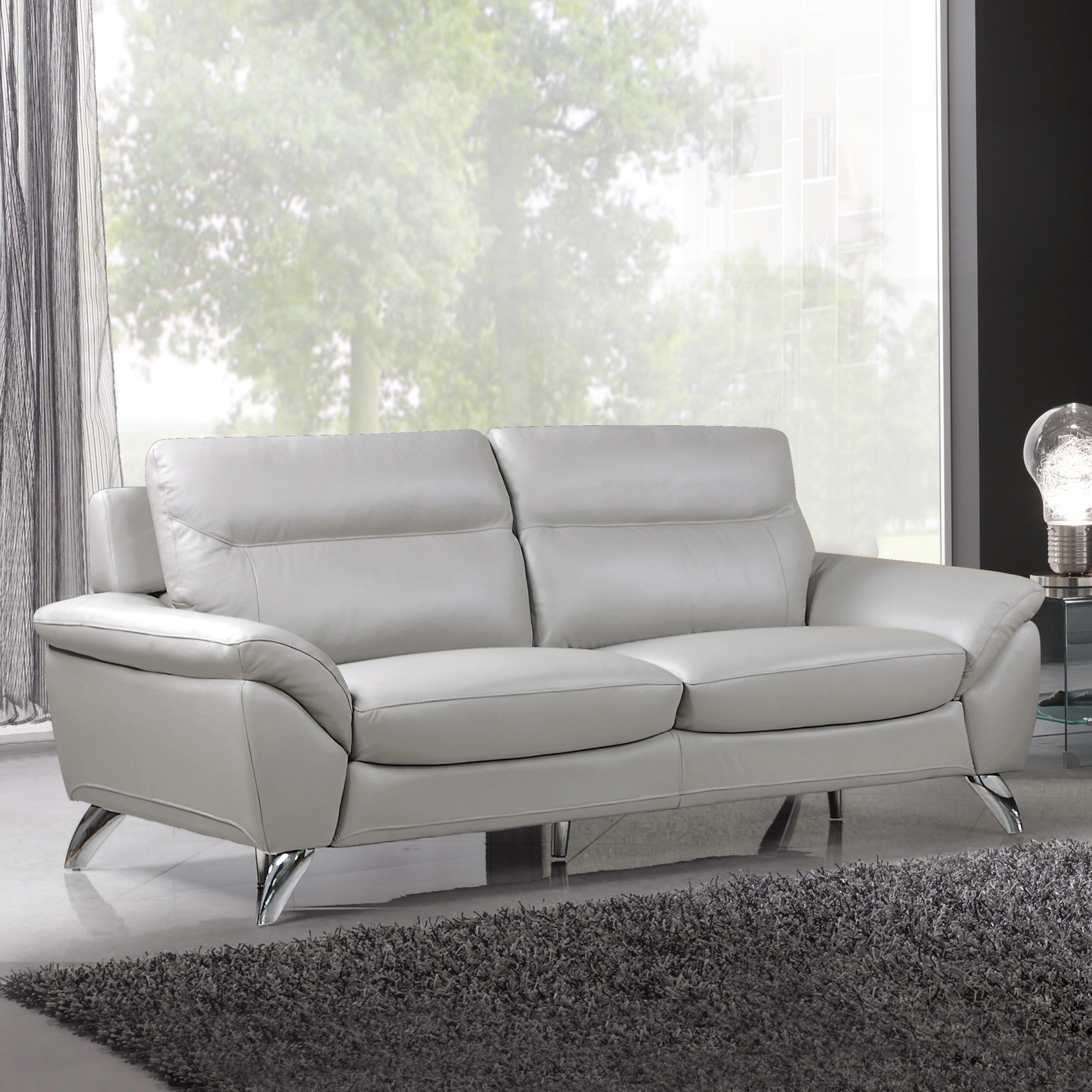 Cortesi Home Contemporary Monaco Genuine Leather Sofa, Light Grey 78 With Regard To Sofas In Light Gray (View 18 of 20)