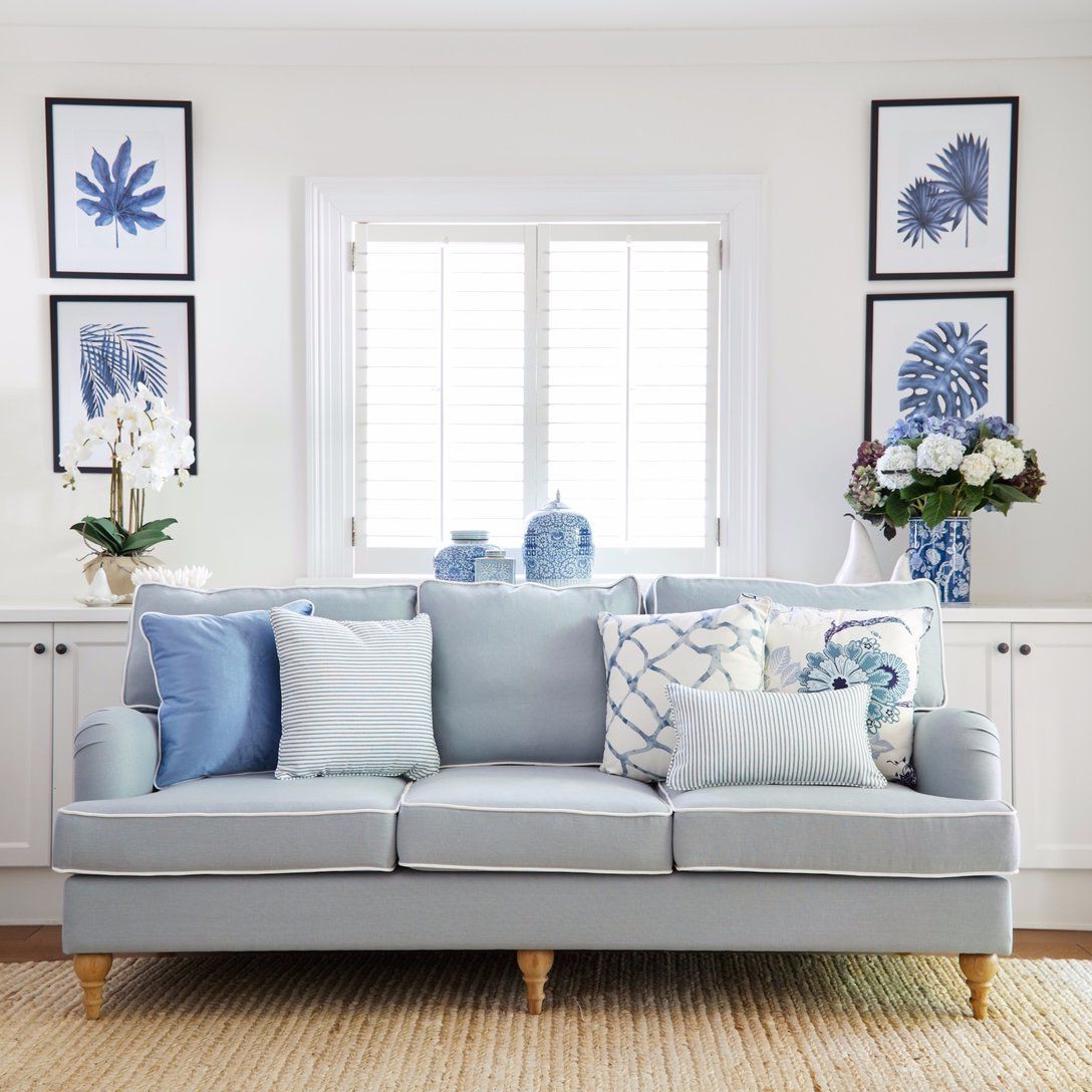 Duck Egg Blue Linen Roll Arm Sofa – 2 Sizes Available | Hamptons Living For Modern Blue Linen Sofas (View 8 of 20)