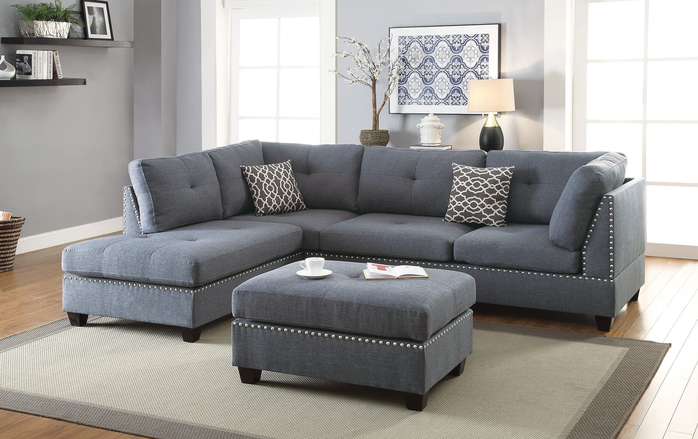 F6975 Blue Gray 3 Pcs Sectional Sofa Setpoundex Pertaining To Sofas In Bluish Grey (View 3 of 20)