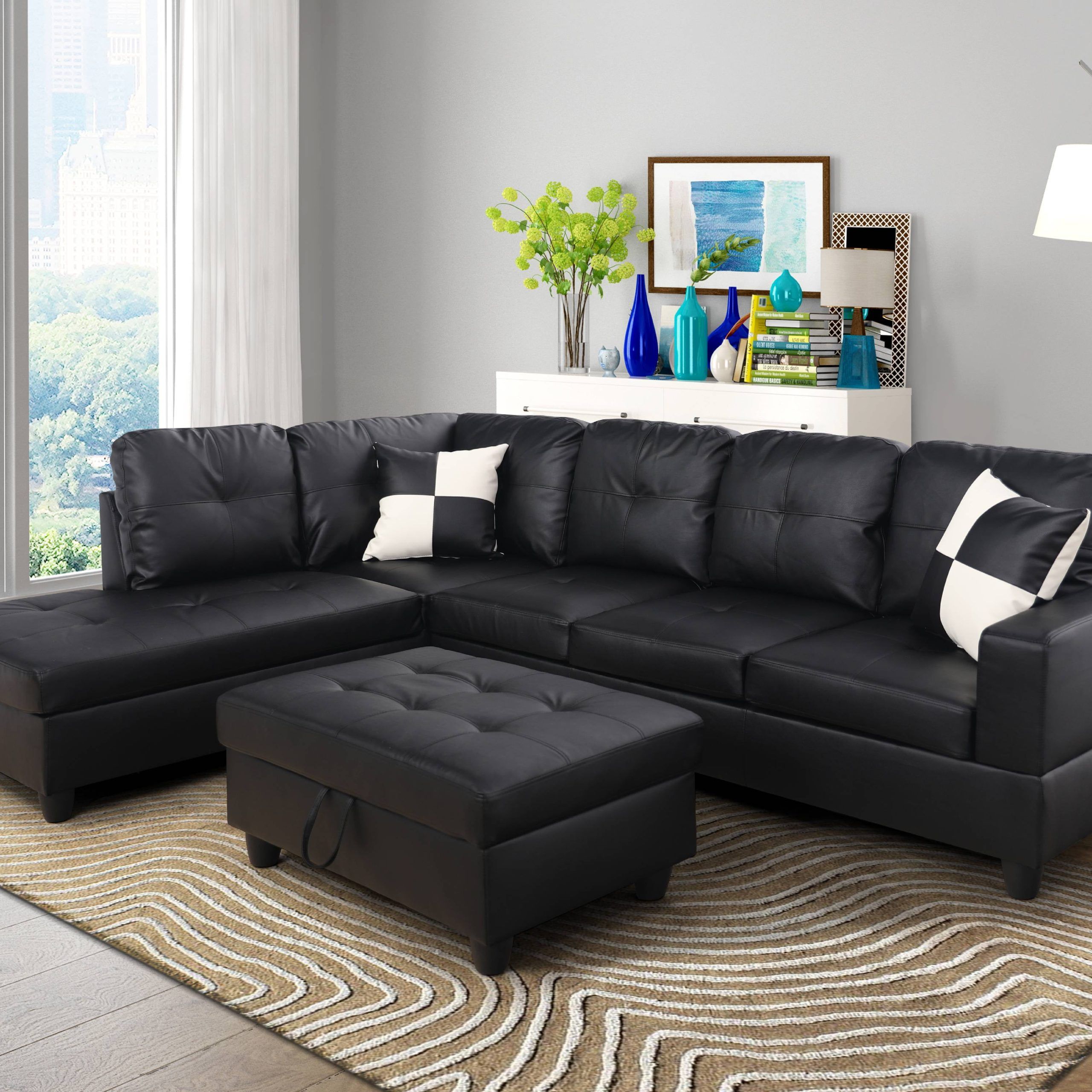 For U Furnishing Classic Black Faux Leather Sectional Sofa, Right With Faux Leather Sectional Sofa Sets (Gallery 1 of 20)