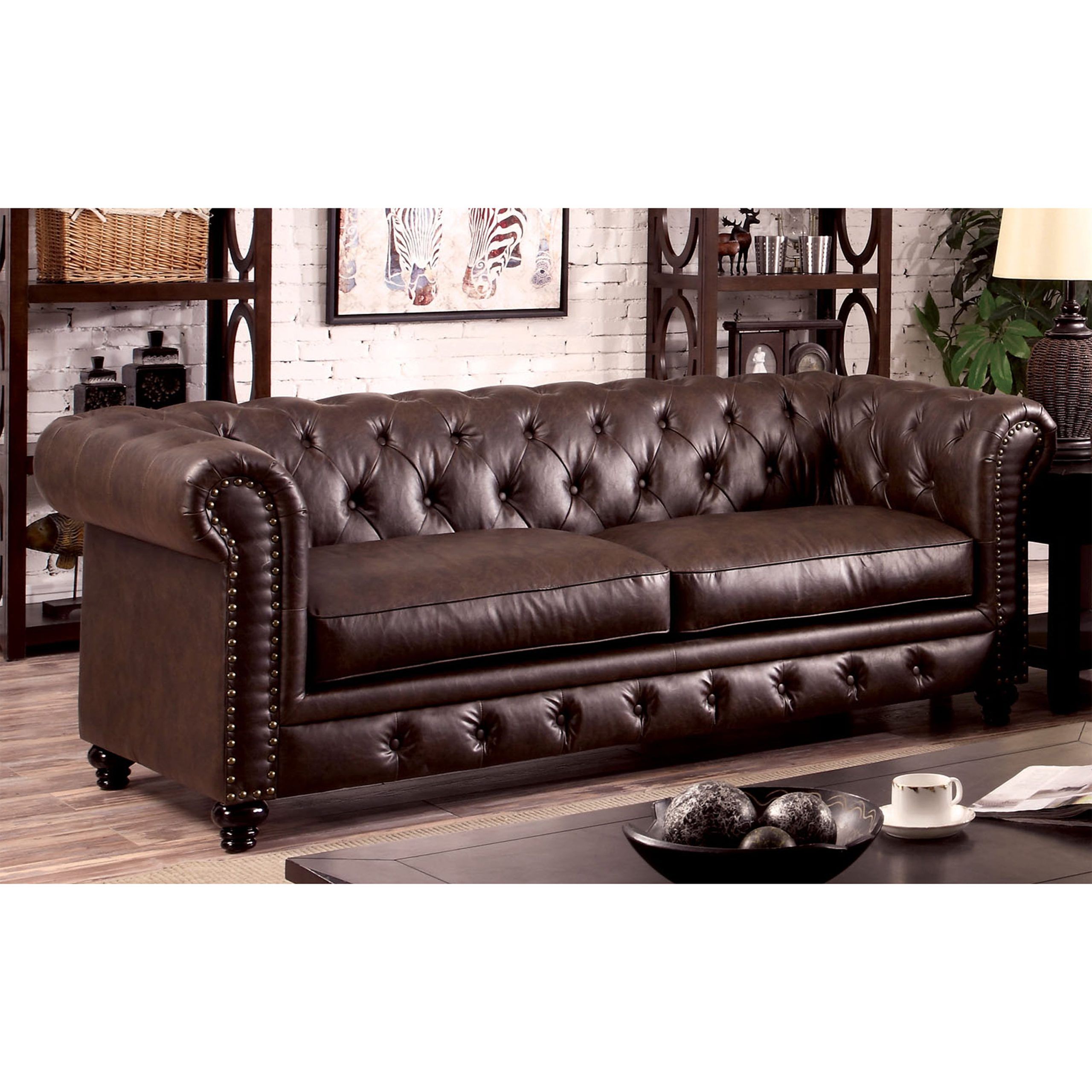 Furniture Of America Tufted Glam Faux Leather Nyssa Tuxedo Sofa, Brown Intended For Faux Leather Sofas In Chocolate Brown (View 8 of 20)