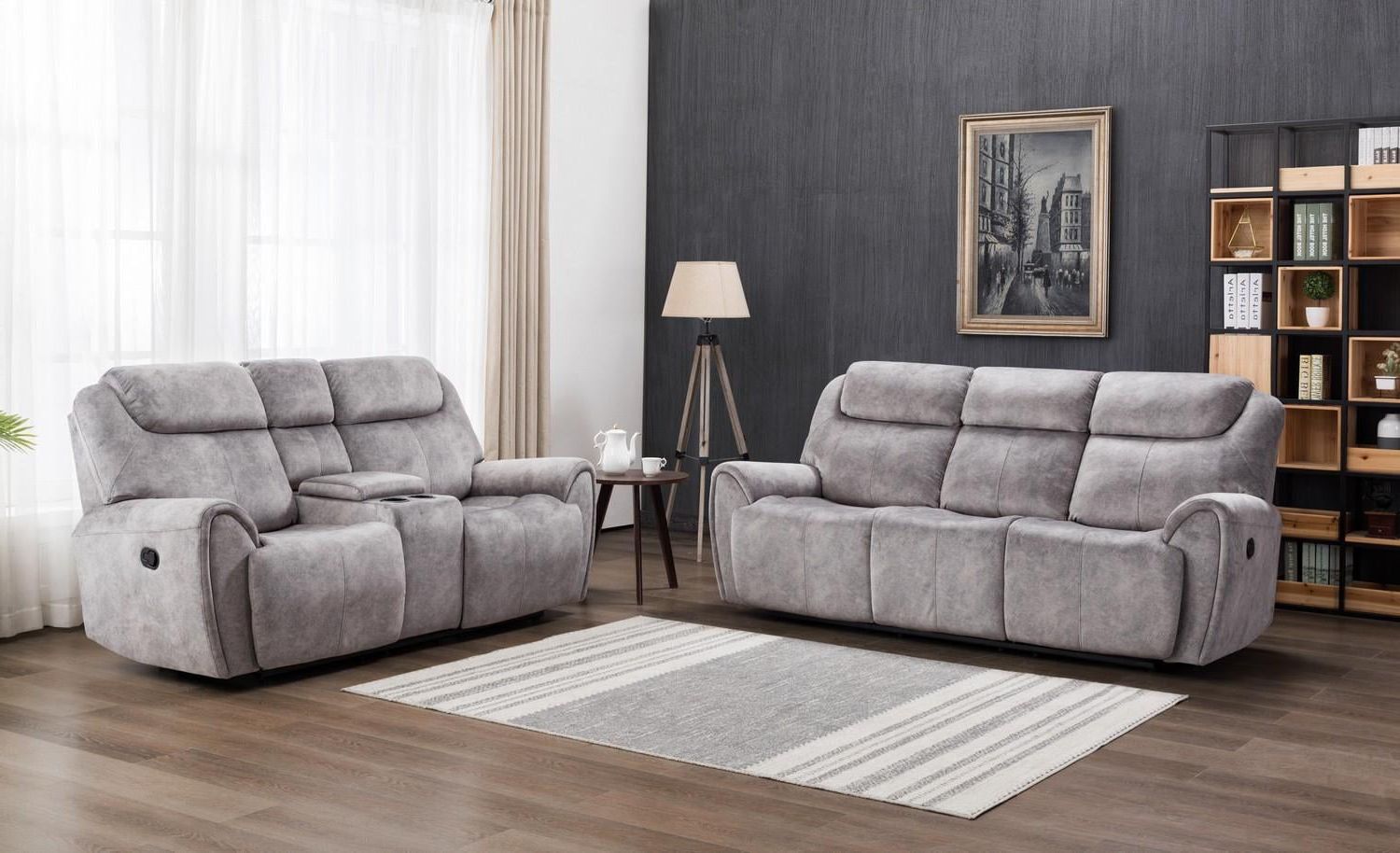 Gray Velvet Fabric Reclining Sofa & Loveseat Set Contemporary Global Intended For Modern Velvet Sofa Recliners With Storage (View 8 of 20)