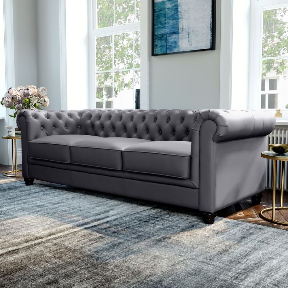 Hampton 3 Seater Chesterfield Sofa, Grey Classic Faux Leather Only £849 Pertaining To Traditional 3 Seater Faux Leather Sofas (Gallery 4 of 20)