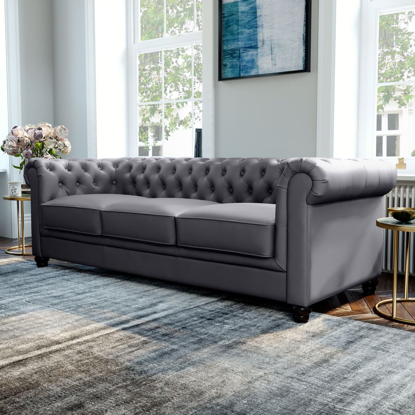 Hampton Grey Leather 3 Seater Chesterfield Sofa | Furniture Choice Inside Chesterfield Sofas (View 6 of 20)