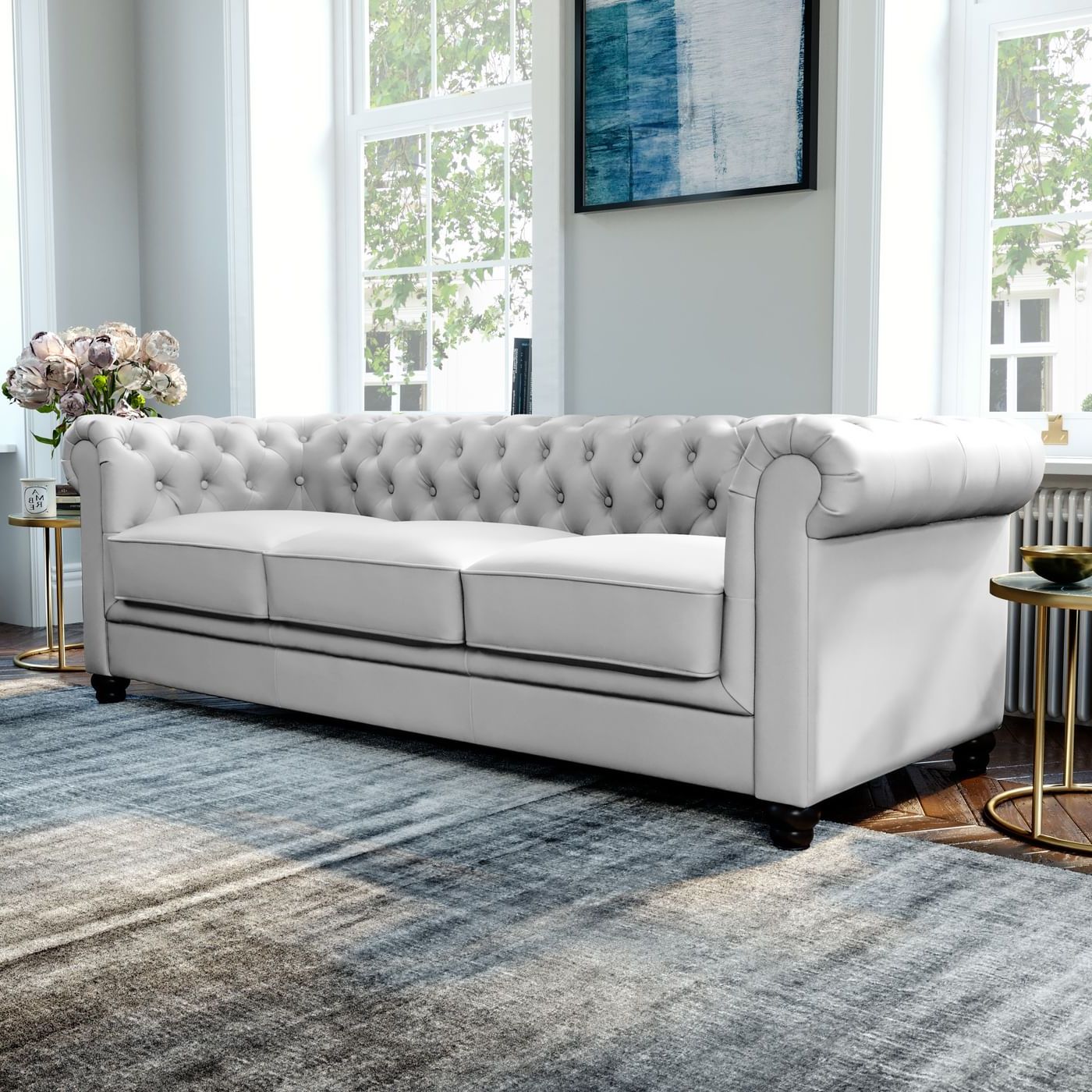 Hampton Light Grey Leather 3 Seater Chesterfield Sofa | Furniture Choice In Sofas In Light Gray (View 2 of 20)
