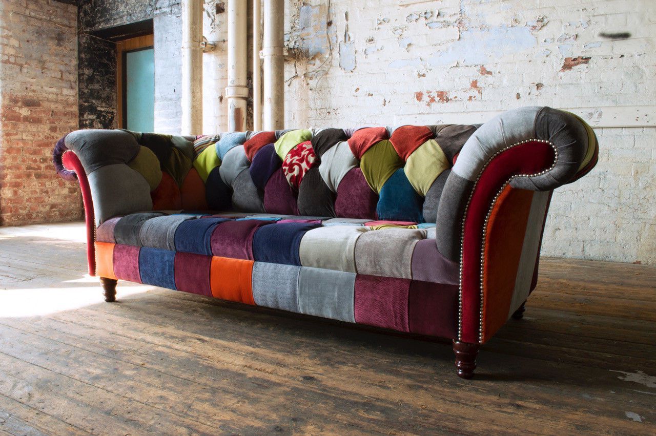 Handmade Modern 3 Seater Multi Coloured Fabric Patchwork Chesterfield Throughout Sofas In Pattern (View 18 of 20)