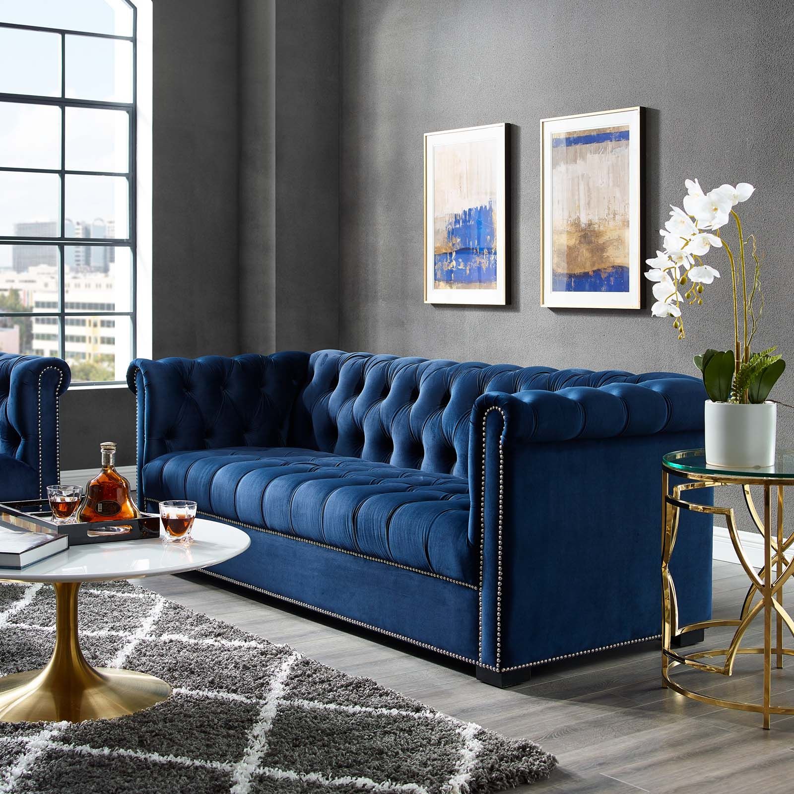 Heritage Upholstered Velvet Sofa Midnight Bluemodway Throughout Sofas In Blue (View 2 of 20)