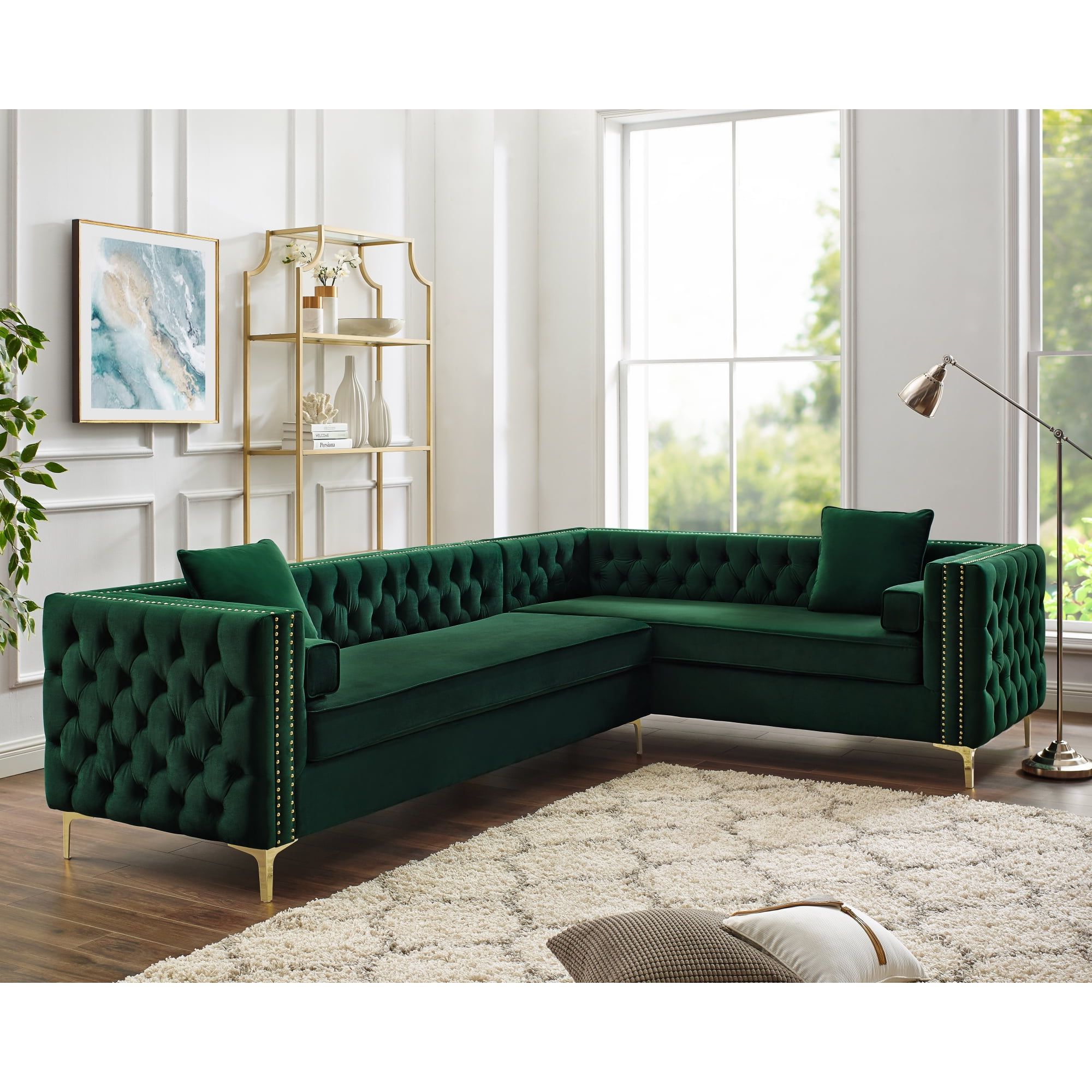 Inspired Home Sania Velvet Corner Sectional Sofa 120" Left Facing Within Green Velvet Modular Sectionals (Gallery 16 of 20)