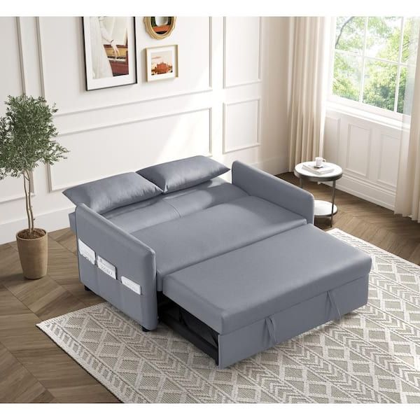Kinwell 57 In. Gray Modern Convertible Full Size Pull Out Faux Leather Inside 2 In 1 Gray Pull Out Sofa Beds (Gallery 15 of 20)