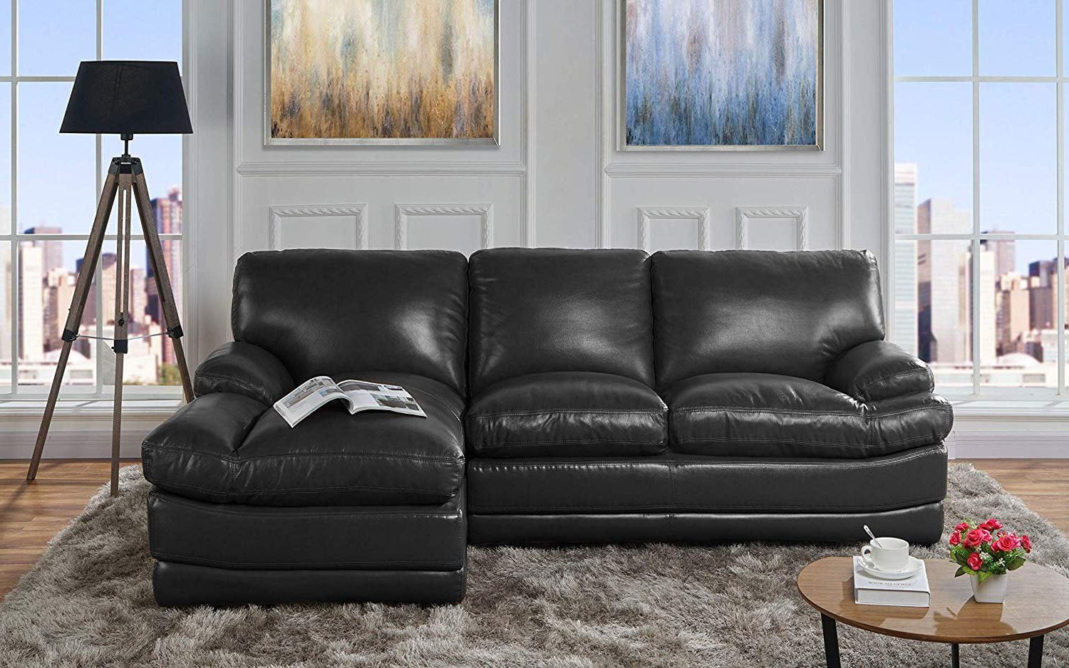 Leather Match Sectional Sofa, L Shape Couch With Chaise Lounge (right Throughout 3 Seat L Shaped Sofas In Black (Gallery 11 of 20)