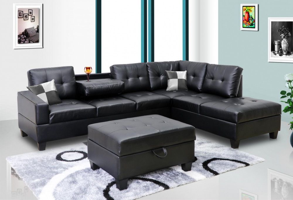 Lifestyle Furniture 3 Piece Black Contemporary Leather Living Room Regarding Right Facing Black Sofas (View 7 of 20)
