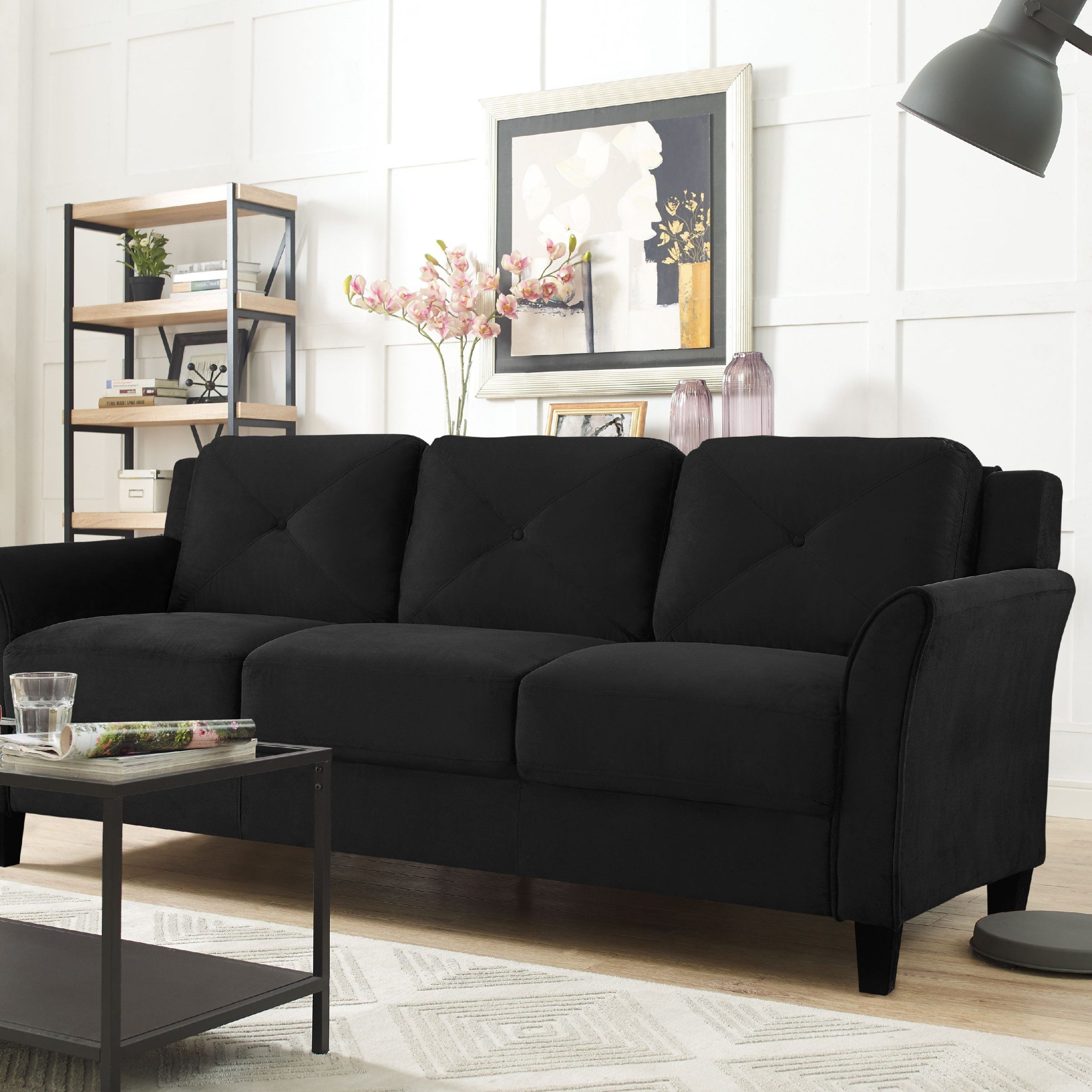 Lifestyle Solutions Taryn Curved Arm Fabric Sofa, Black – Walmart Regarding Traditional Black Fabric Sofas (View 10 of 20)