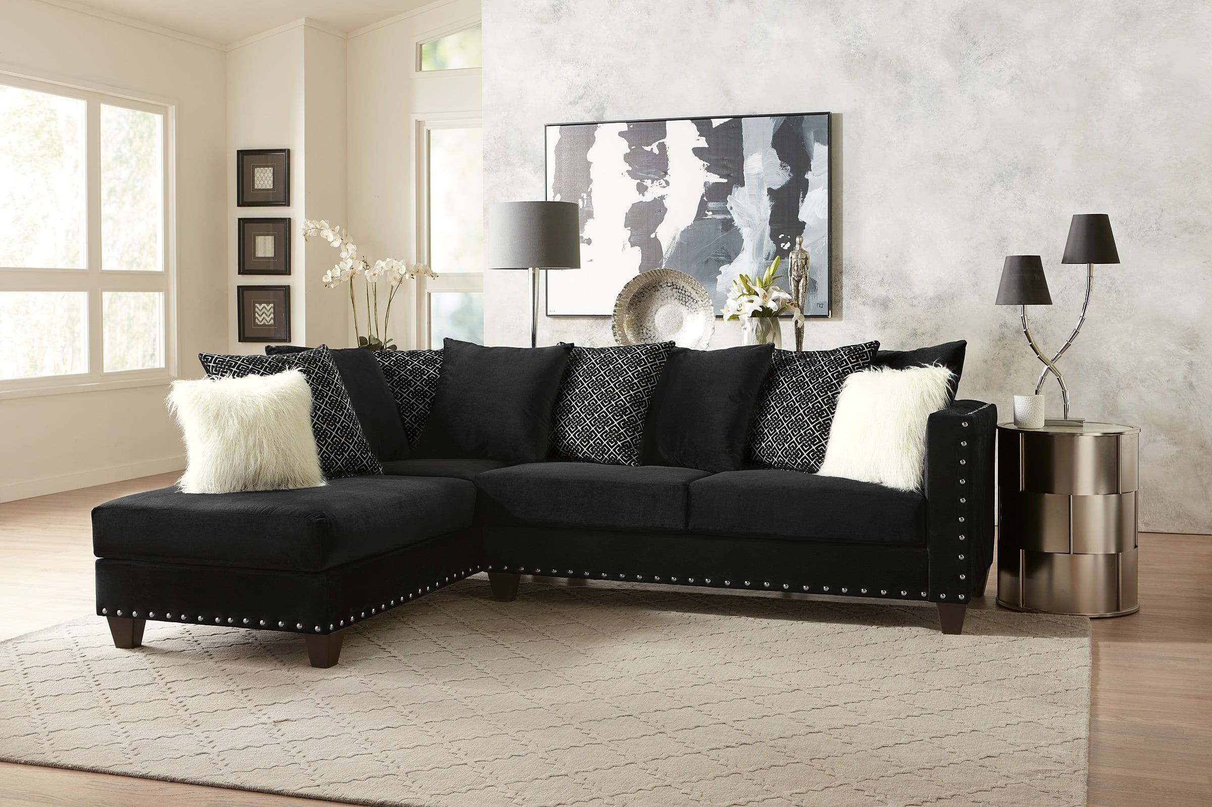 Living Room Modern Classic Black Fabric Sectional Sofa 2pc Set Cushion Inside Traditional Black Fabric Sofas (View 12 of 20)