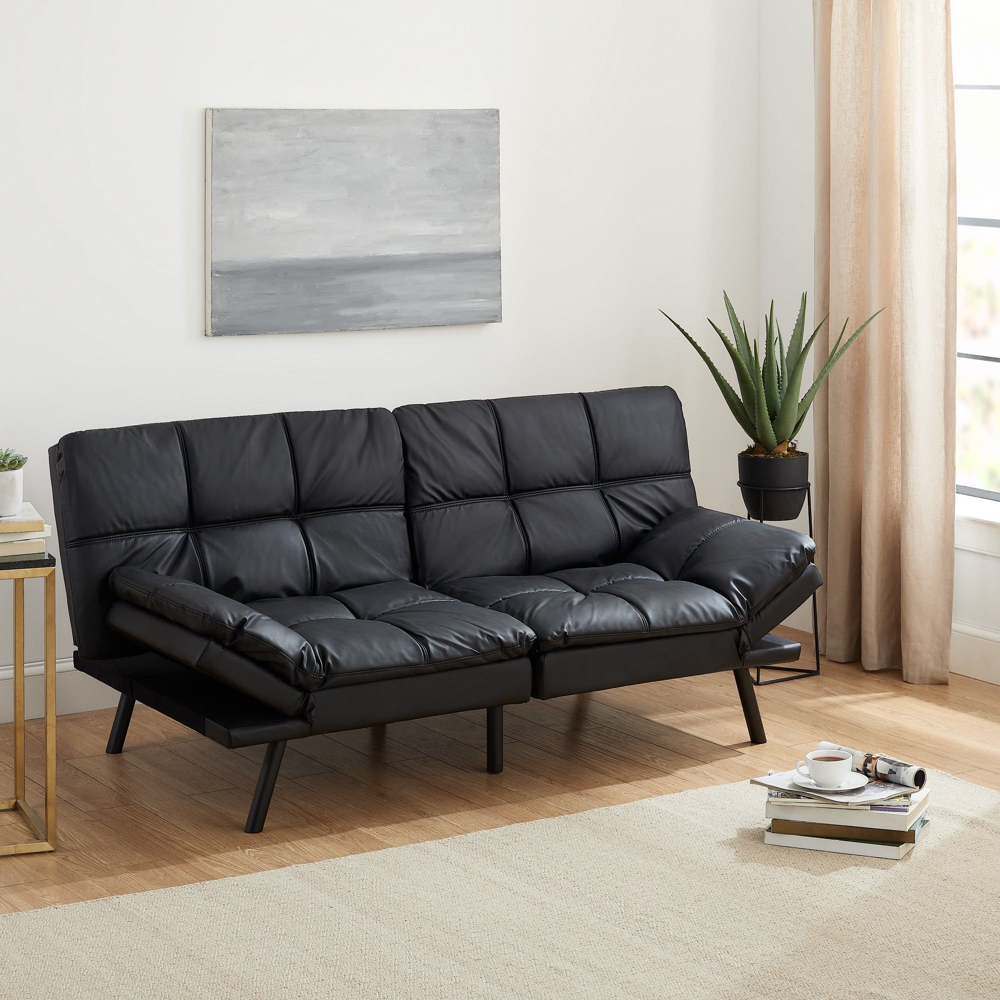 Mainstays Memory Foam Futon, Black Faux Leather – Walmart Intended For Black Faux Suede Memory Foam Sofas (Gallery 6 of 20)