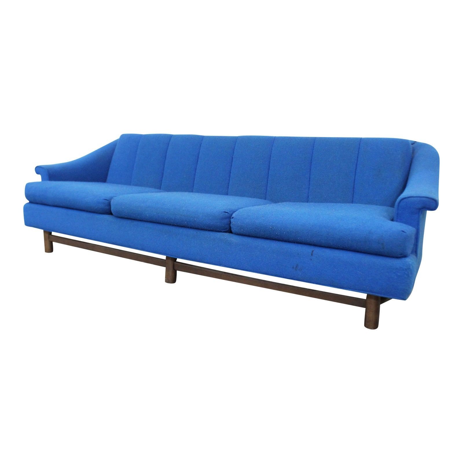 Mid Century Modern Blue 3 Seater Sofa On Wood Base, Danish Modern Couch Intended For Mid Century 3 Seat Couches (Gallery 1 of 20)