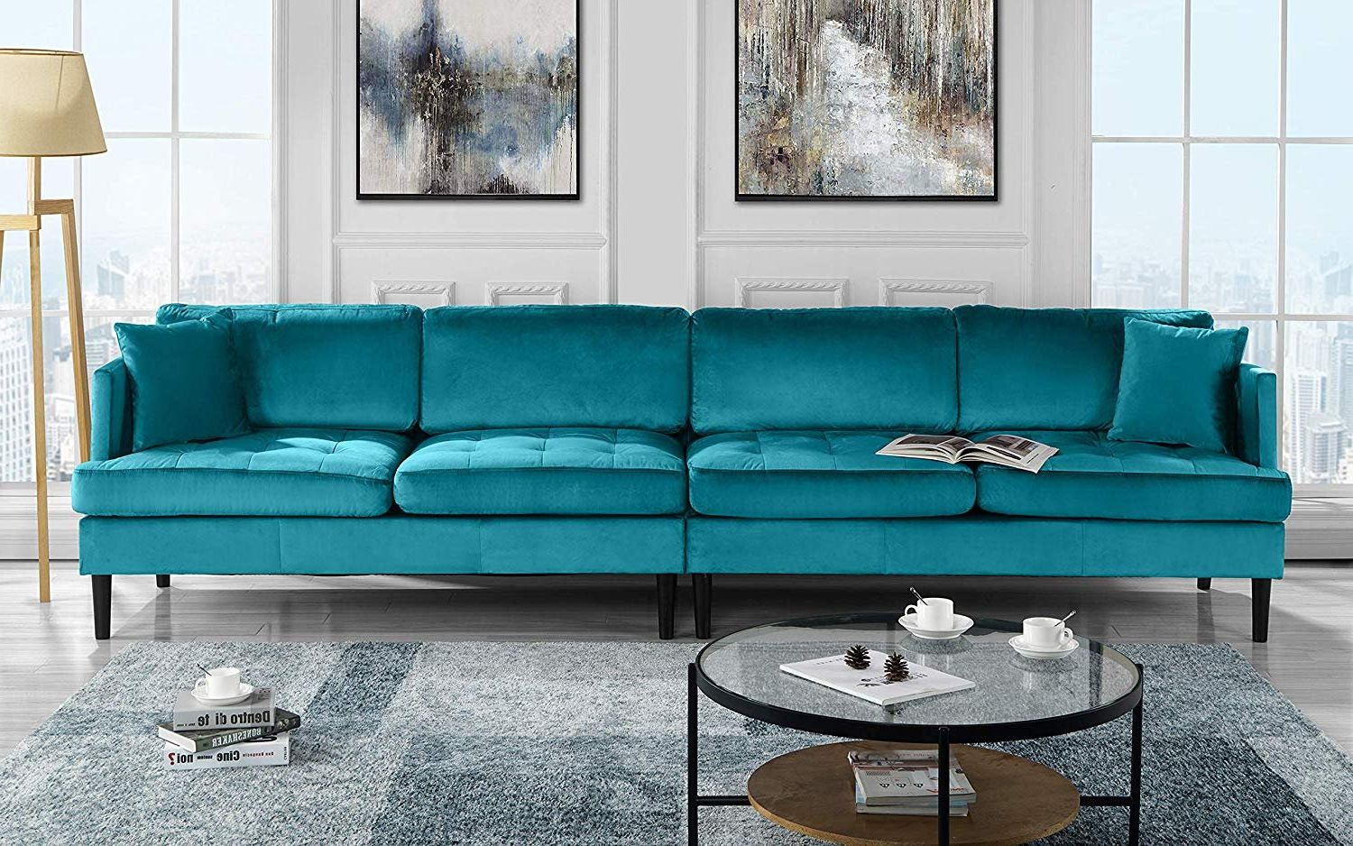 Mid Century Modern Extra Large Velvet Sofa, 4 Seat Living Room Couch Within Sofas In Blue (Gallery 12 of 20)