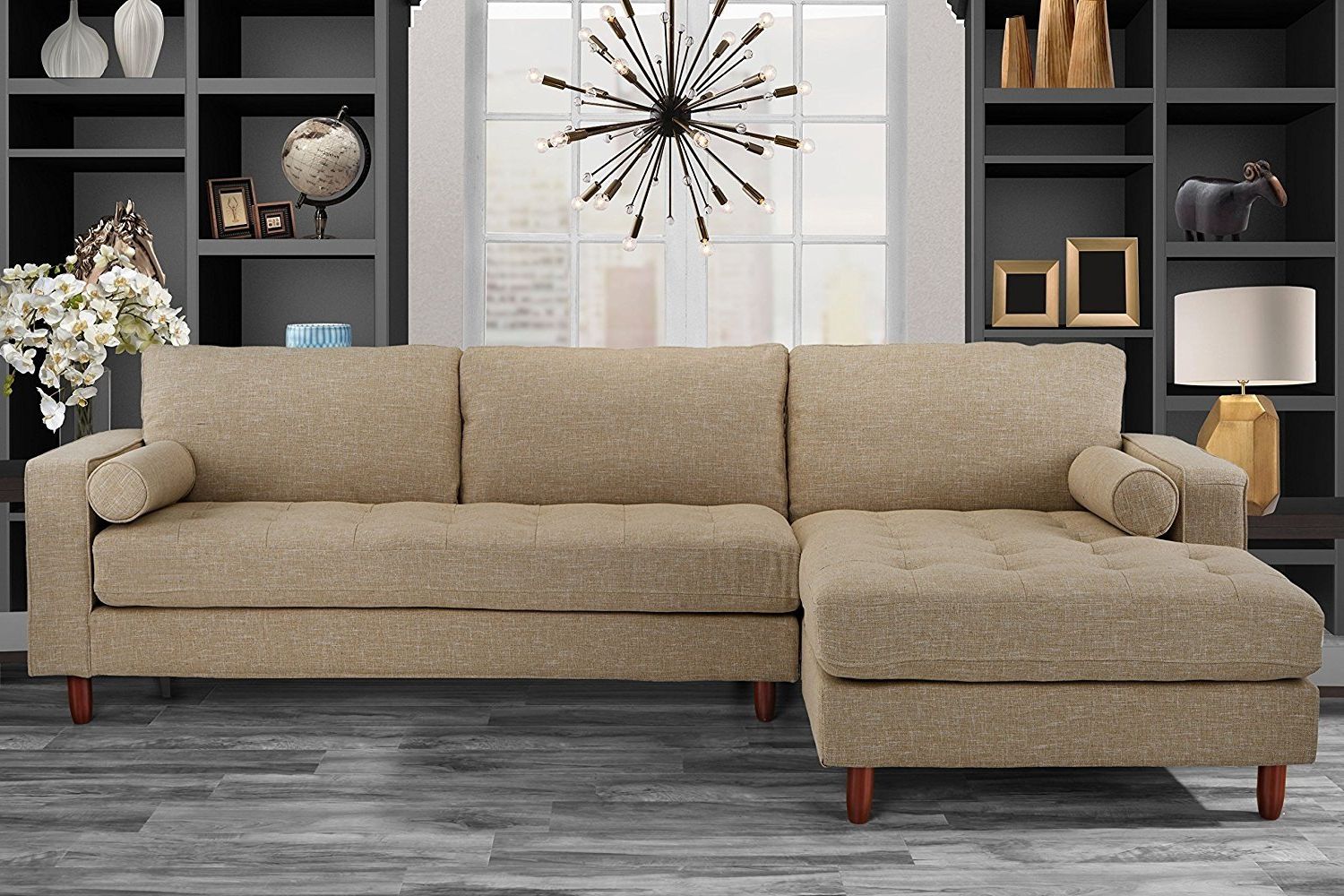 Mid Century Modern Tufted Fabric Sectional Sofa, L Shape Couch Beige Pertaining To Small L Shaped Sectional Sofas In Beige (View 5 of 20)