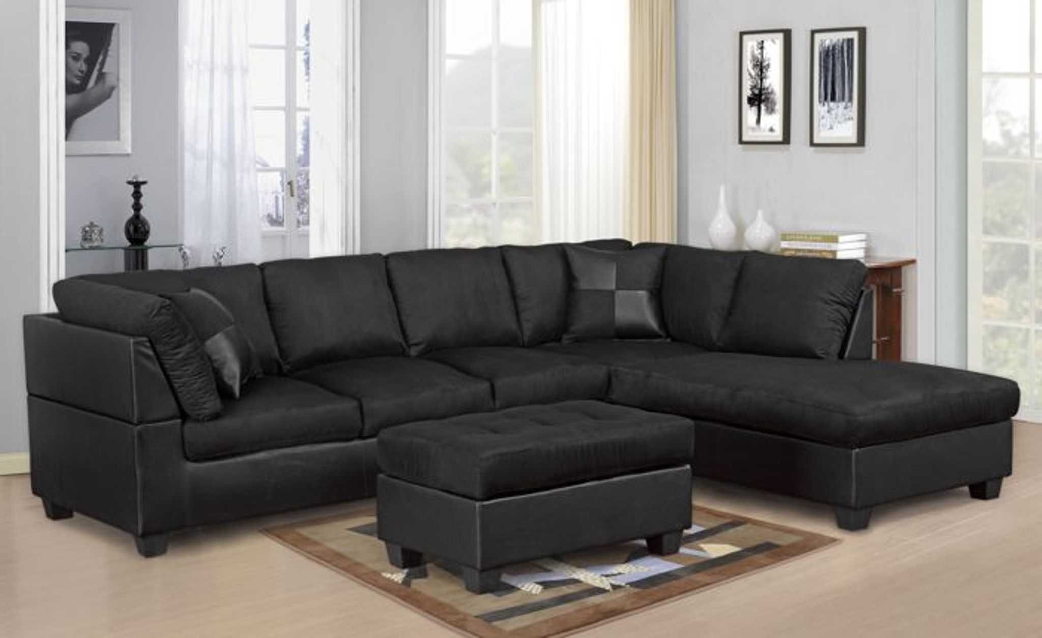 Modern 2pc Black Sectional Sofa And Chaise – Kassa Mall Home Furniture For Right Facing Black Sofas (View 9 of 20)