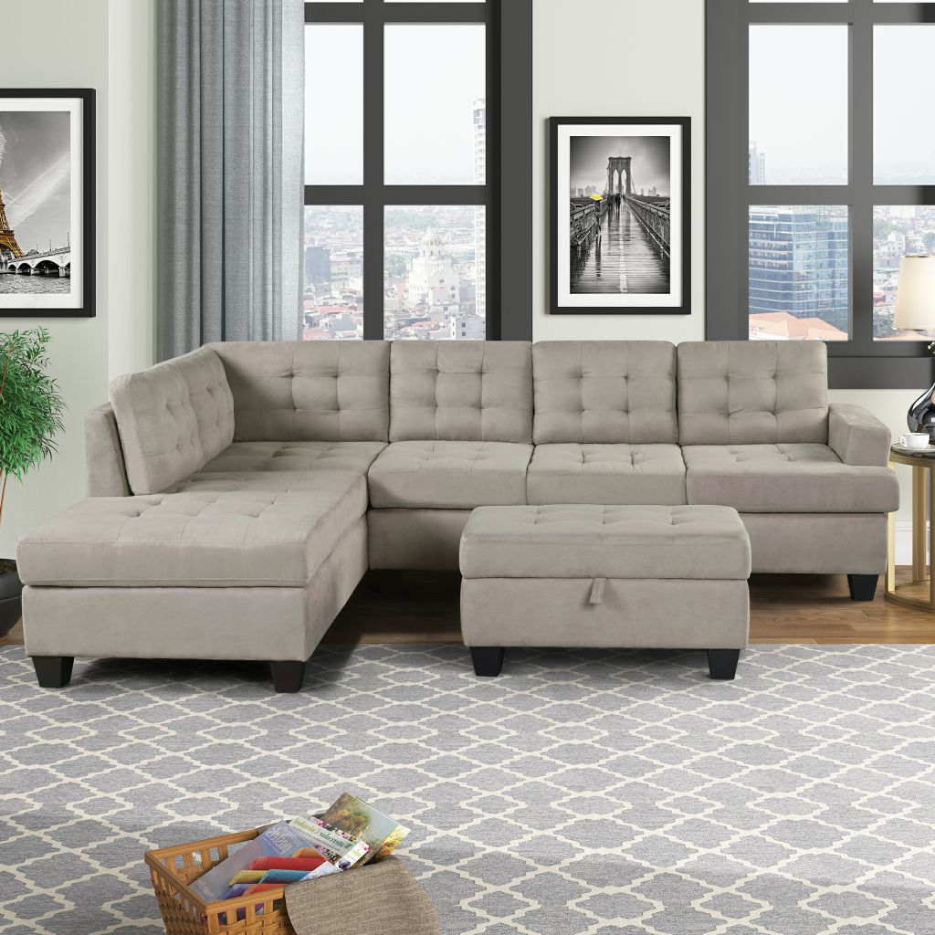 Modern 3 Piece Sectional Sofa With Chaise Lounge And Storage Ottoman, L Within Modern L Shaped Sofa Sectionals (Gallery 8 of 20)