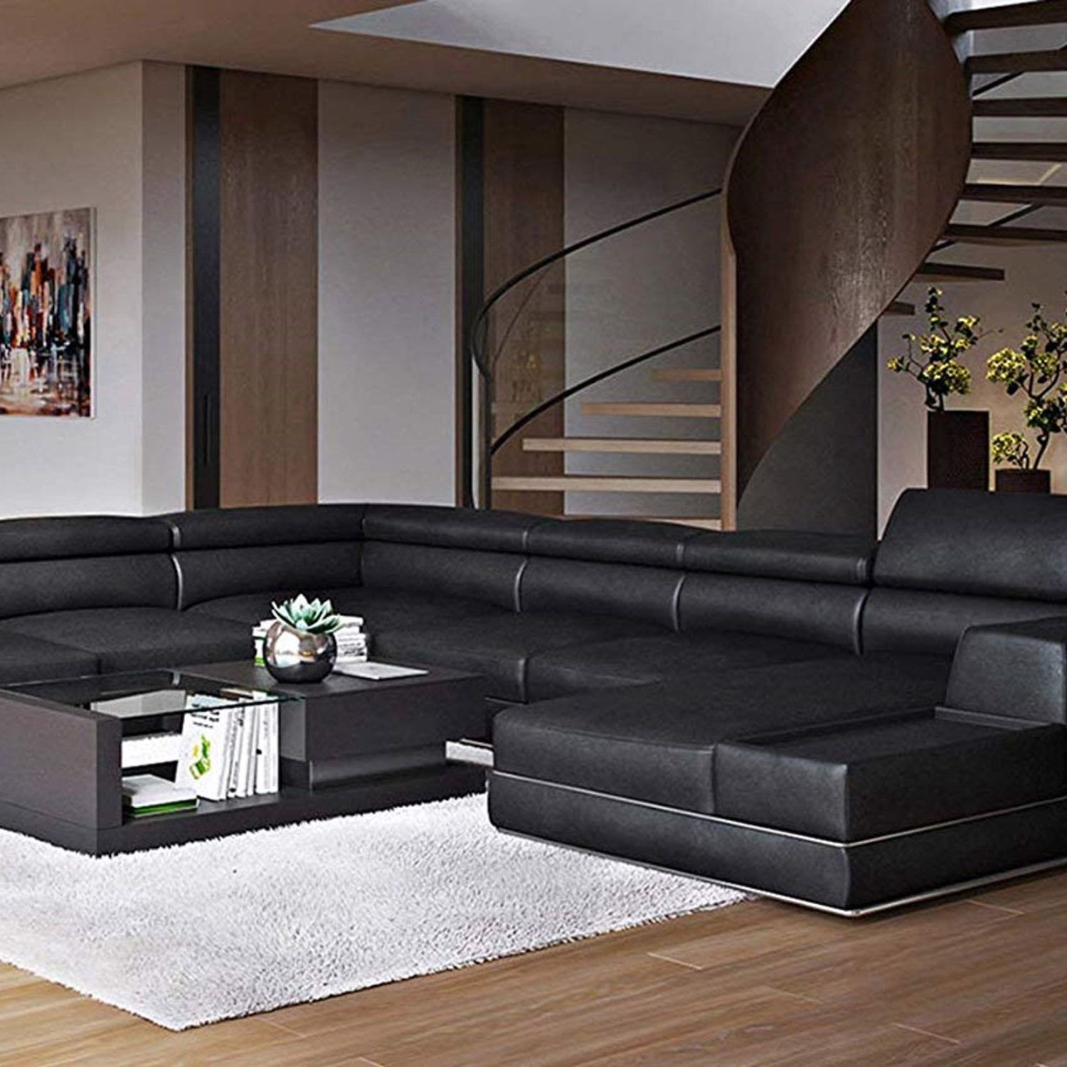 Modern Black Leather Sectional Sofa Living Room Couch Sleek In Right Facing Black Sofas (View 6 of 20)