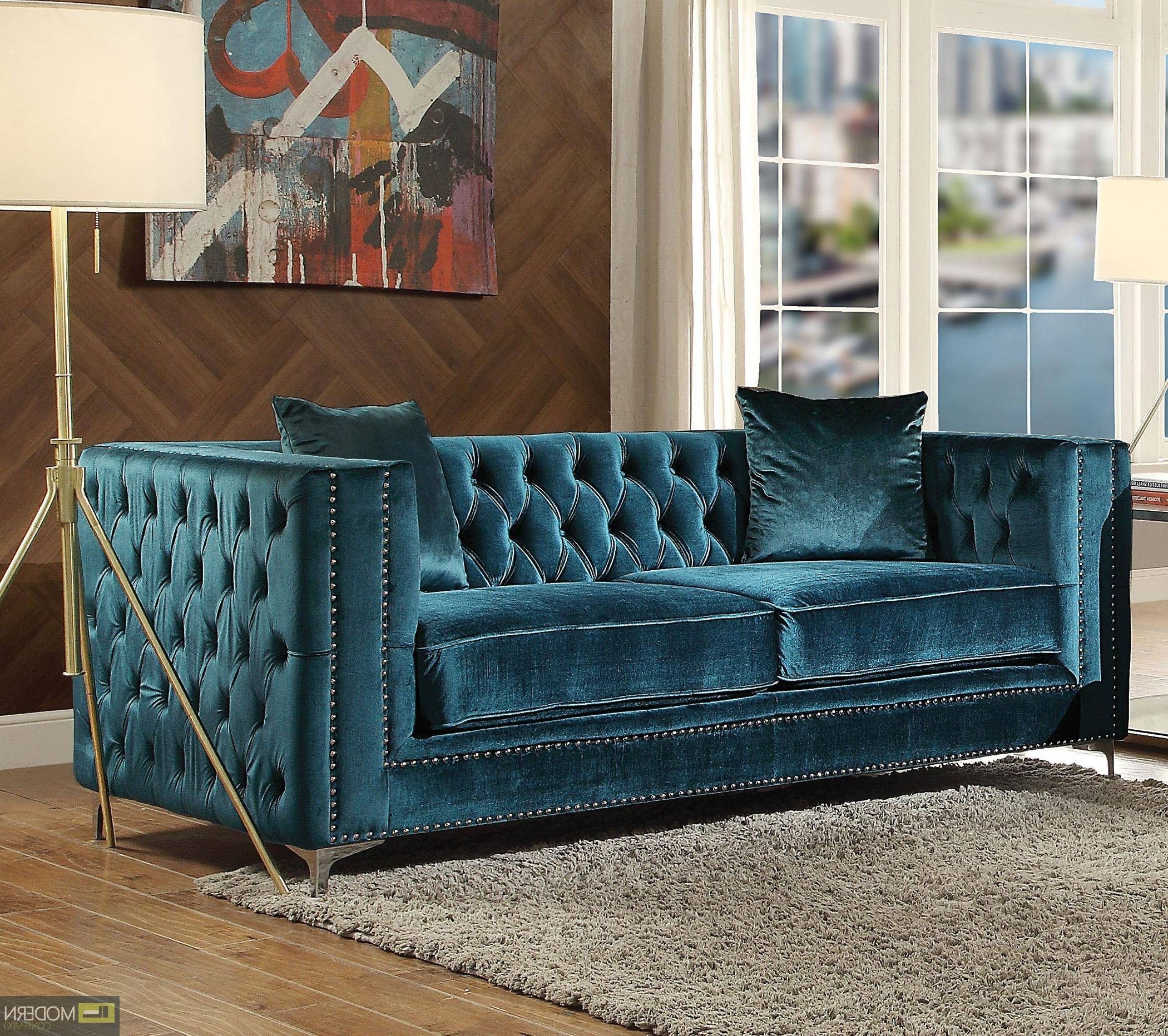 Modern Contempo – Valleria Dark Teal Velvet Sofa & Loveseat Living Room Set With Regard To Modern Velvet Sofa Recliners With Storage (View 3 of 20)