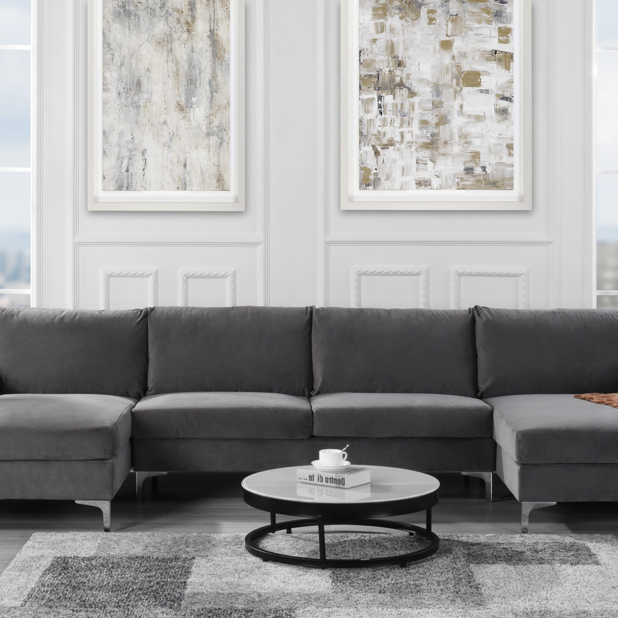 Modern Large Velvet U Shape Sectional With Double Chaise Lounge, Extra In Modern U Shape Sectional Sofas In Gray (Gallery 2 of 20)